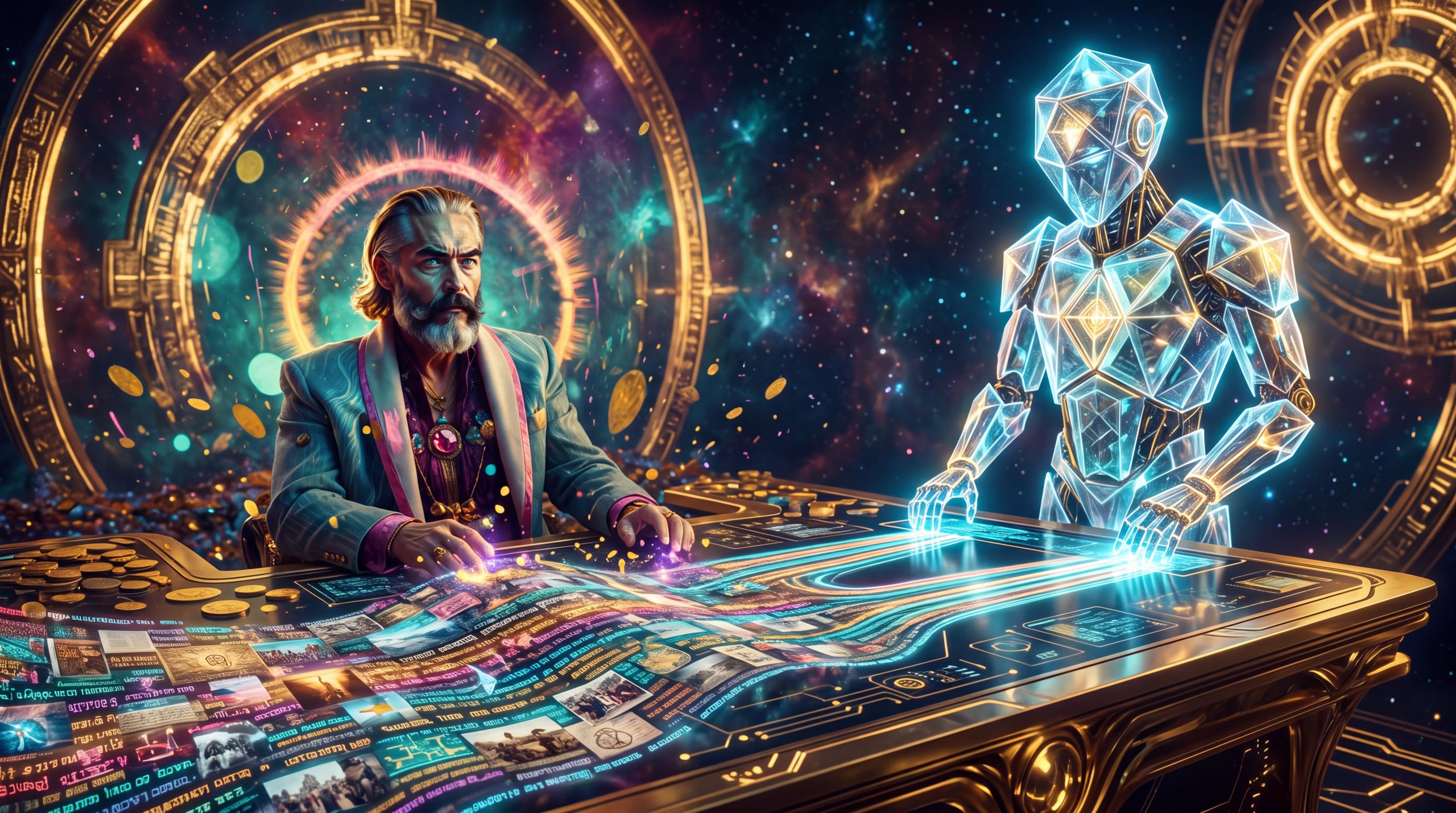 Zeus and a luminous synthetic presence together sort a living river of memory into cleaner streams. The image captures the acceleration and concentration of narrative power when machines become the default interface to the past.