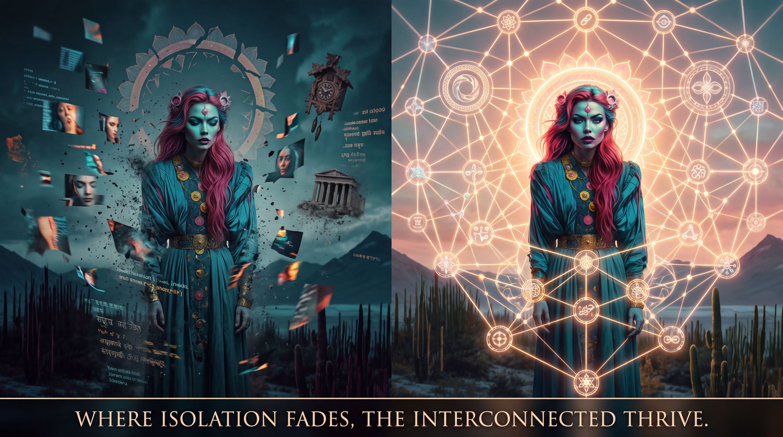 Hera appears in two conditions at once: surrounded by fading, disconnected fragments on one side, and standing inside a luminous, self-reinforcing lattice on the other. The image makes visible why interconnection now determines what survives and what is forgotten.