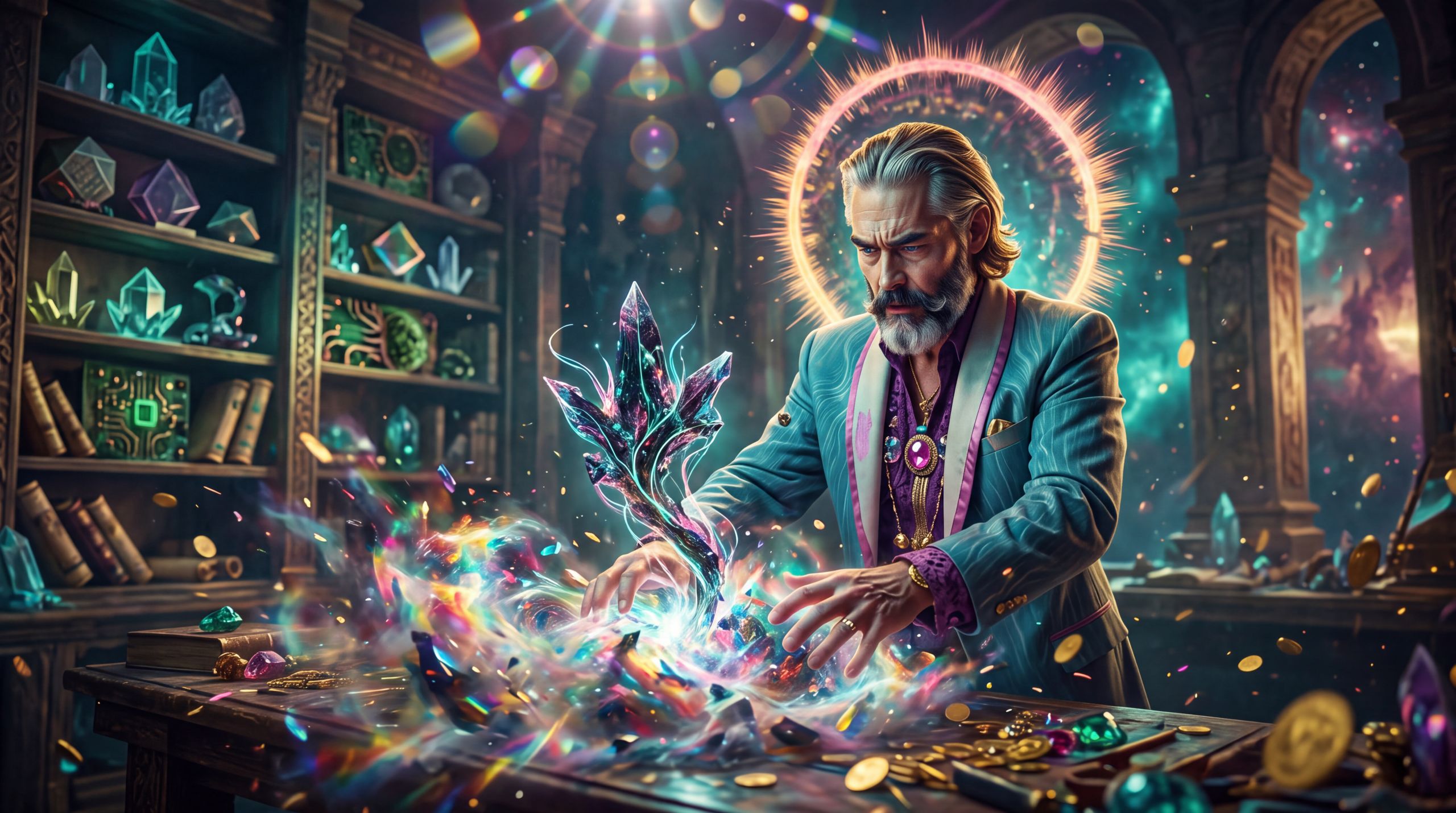 Zeus works inside raw, chaotic light that has not yet become form, while orderly synthetic knowledge remains static behind him. The image embodies the generative friction of creating what the machine could not have conceived on its own.