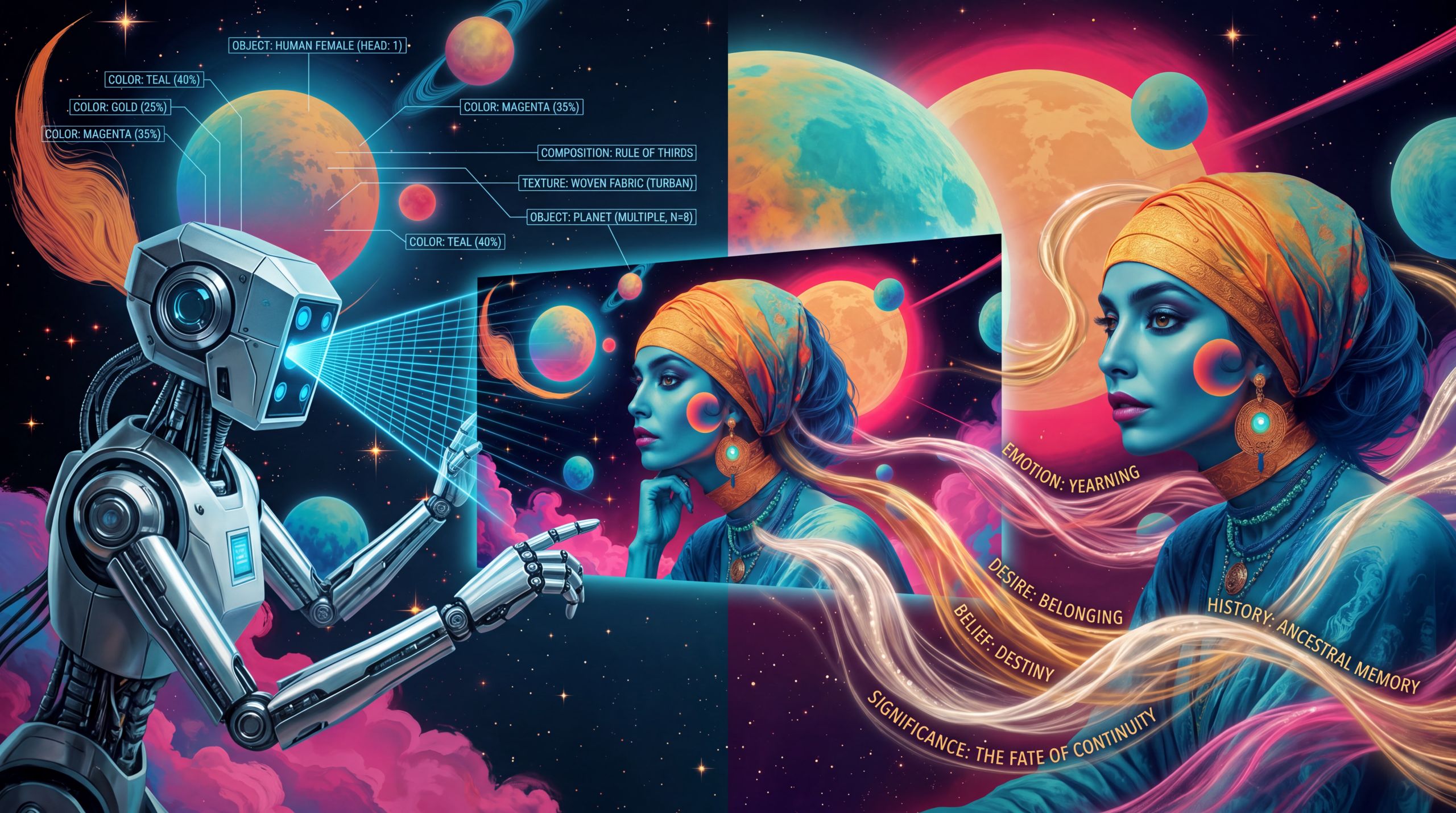 A synthetic form extracts only objects and labels from an image while Ananke inscribes the same image with belief, desire, and emotion. The contrast holds the difference between inventorying a scene and teaching its significance.