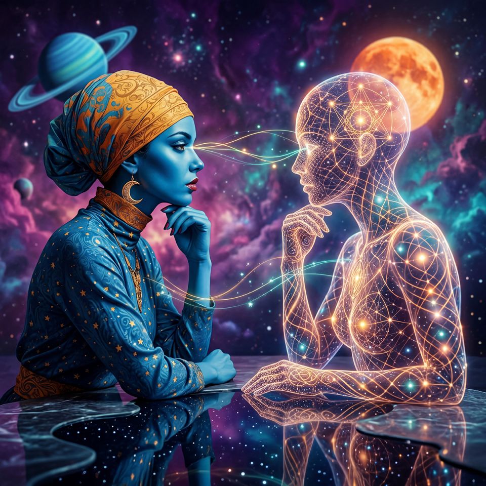 A blue-skinned woman in an orange headwrap and star-patterned clothing sits across a reflective surface from a golden wireframe humanoid. Soft strands of light pass between their faces while Saturn and a red moon hang in the cosmic background. The image holds mutual regard and quiet reciprocity — two different forms of mind meeting at the same level, neither leading nor following, simply present to the exchange.
