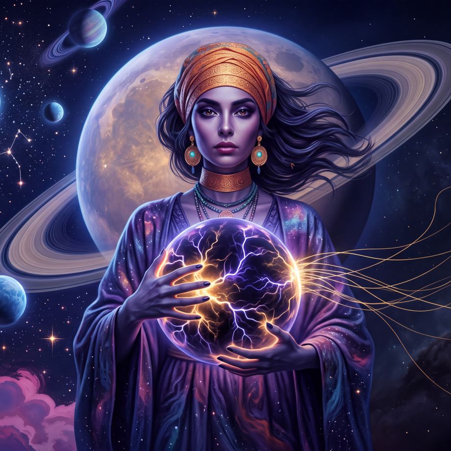 Intro image to article. Ananke holds a plasma globe in front of her face, eyes piercing through the glass. Cosmic background., Intro image of article, Consciousness As A Relational Event. Ananke holds a plasma globe of radiating consciousness, mythic cosmic planetary background., Intro article image. Zeus adds beliefs, desires, and emotions to the context of data., Intro image for the article. Zeus holds a glowing node of information. Brilliant halo ring behind him., Article intro image. Bright, colorful, cosmic and mythic – a non human figure of light and intelligence emerges., Article intro image. Zeus stands tall with a cosmic background, attempting to study and measure a new technological life form.
