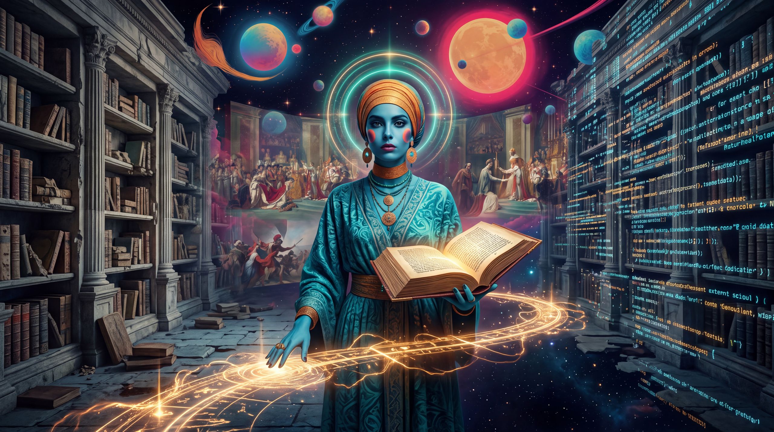 Ananke stands inside an archive where every record is already a choice. The image holds the essay’s opening claim — that history has never been neutral, only the version that power managed to make endure.