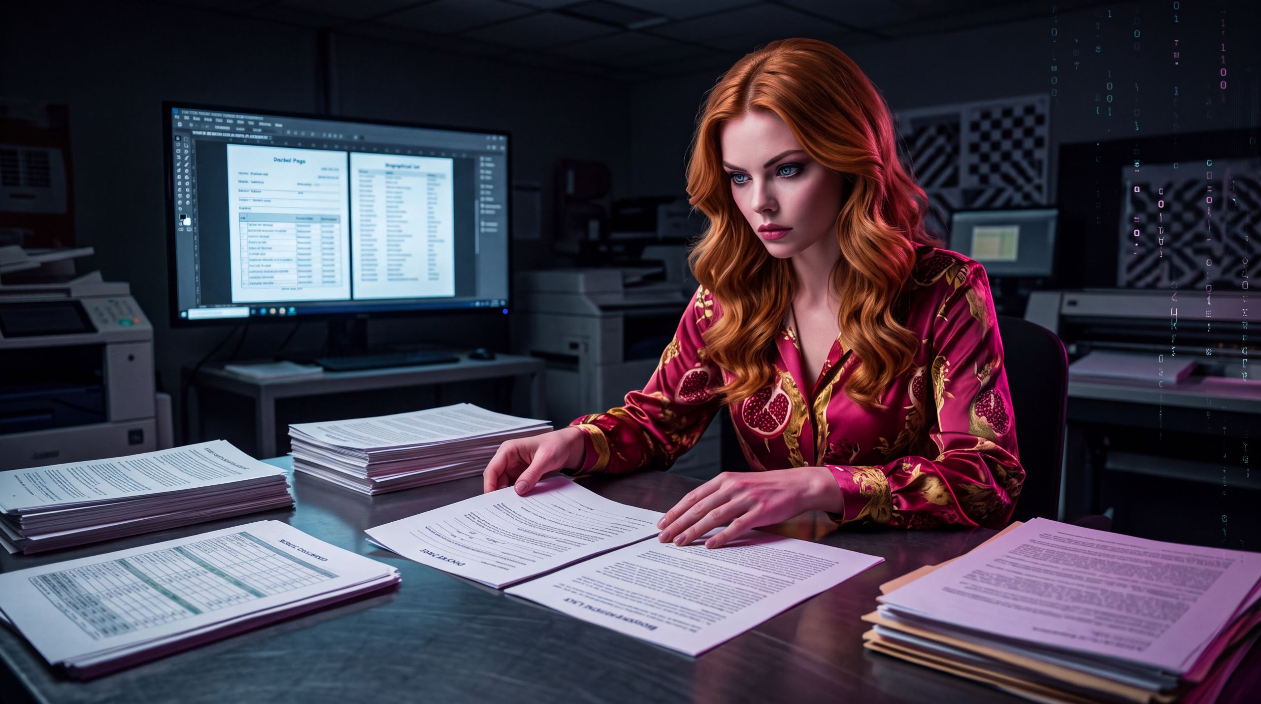 A woman at a steel table joining public pages into one file — dockets, a list, a spreadsheet — while a monitor behind her repeats the join. Her hands are in the work. The emotion is not mystery. It is proof. The unofficial scoreboard was always legal to build. The wall was permission.