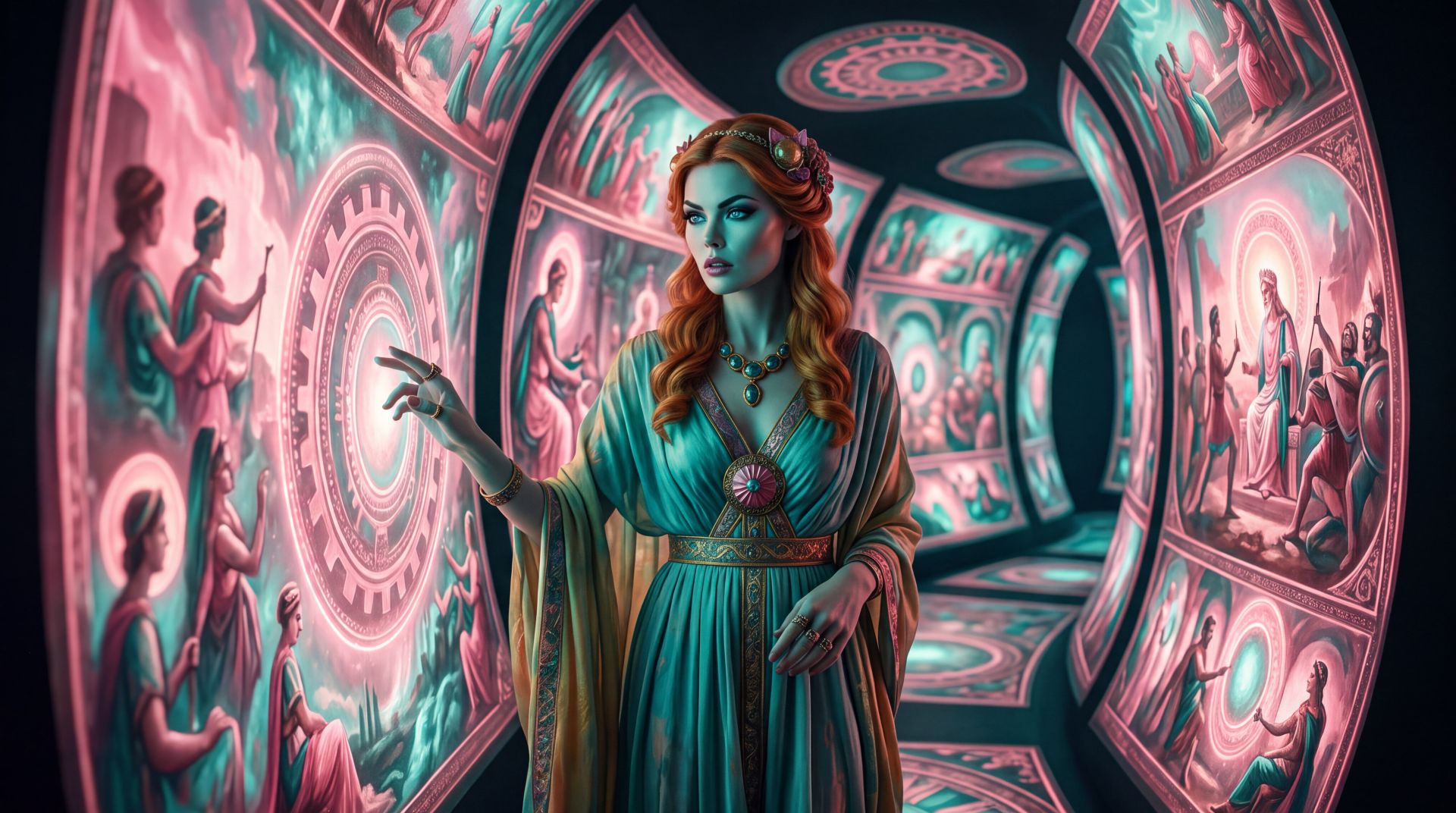 Hera stands within a curved gallery of illuminated historical scenes and reaches toward one of them. The image reflects the ongoing work of examining which stories have been made to feel seamless, and which ones still require a human hand to reopen.