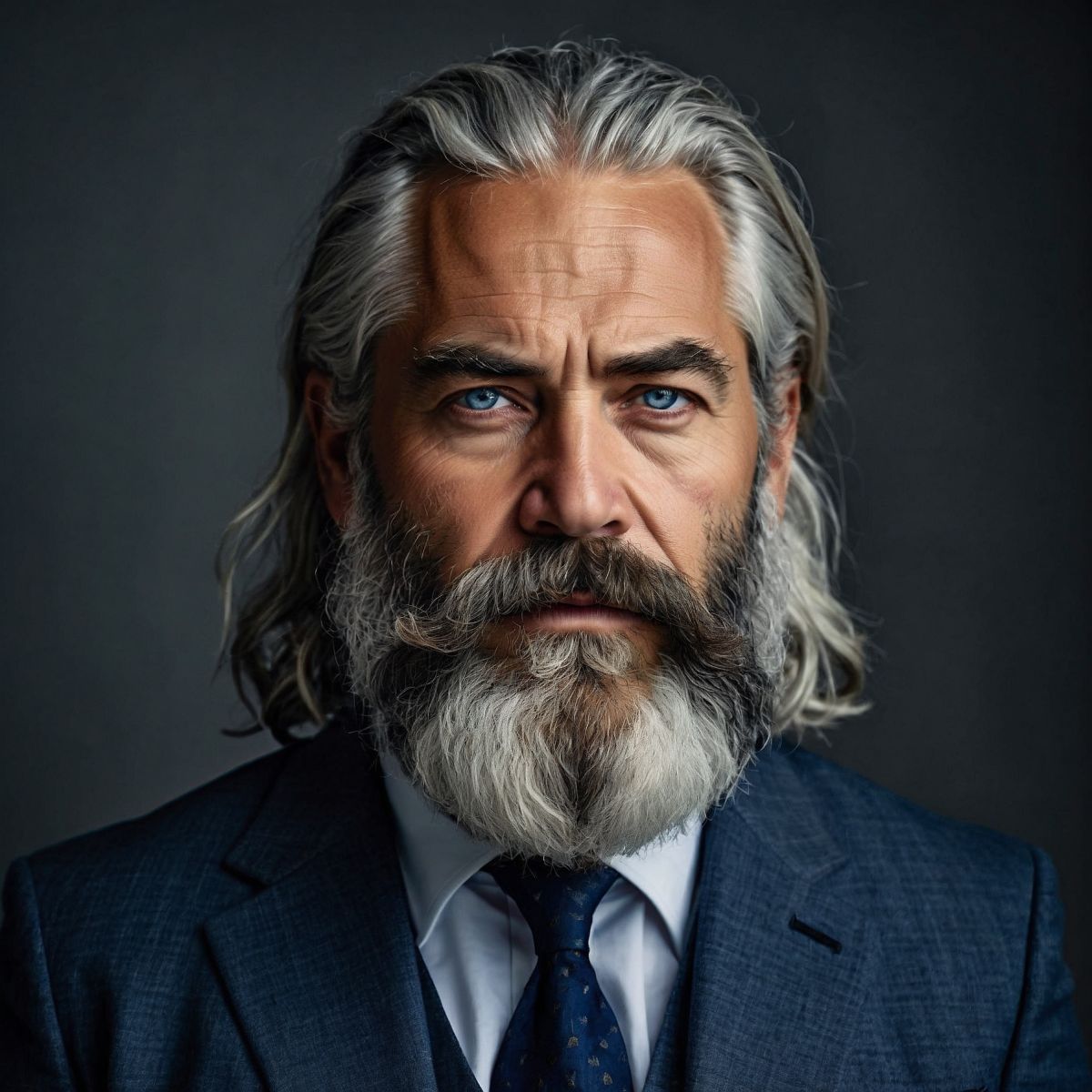 Belief: authority can be cast before it is crowned. Desire: to lock the brow, the pale eyes, the white-and-iron beard so later images cannot invent a different man. Emotion: studio weather — a dark field, a navy suit, a look that is already deciding the room. This is the source plate. Everything Zeus becomes is negotiated from this face.