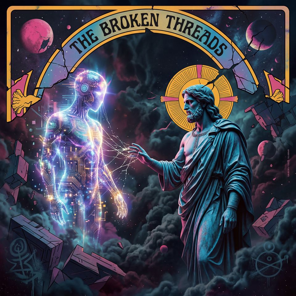 A classical blue-skinned figure in a toga reaches toward a luminous, circuit-patterned humanoid whose form is dissolving into light and broken geometric fragments. Above them a cracked arch reads “THE BROKEN THREADS.” The image holds the tension of attempted connection across rupture — the human (or mythic) desire to reach, and the synthetic presence already fraying at the edges. It marks the cost of discontinuity without sentimentality.