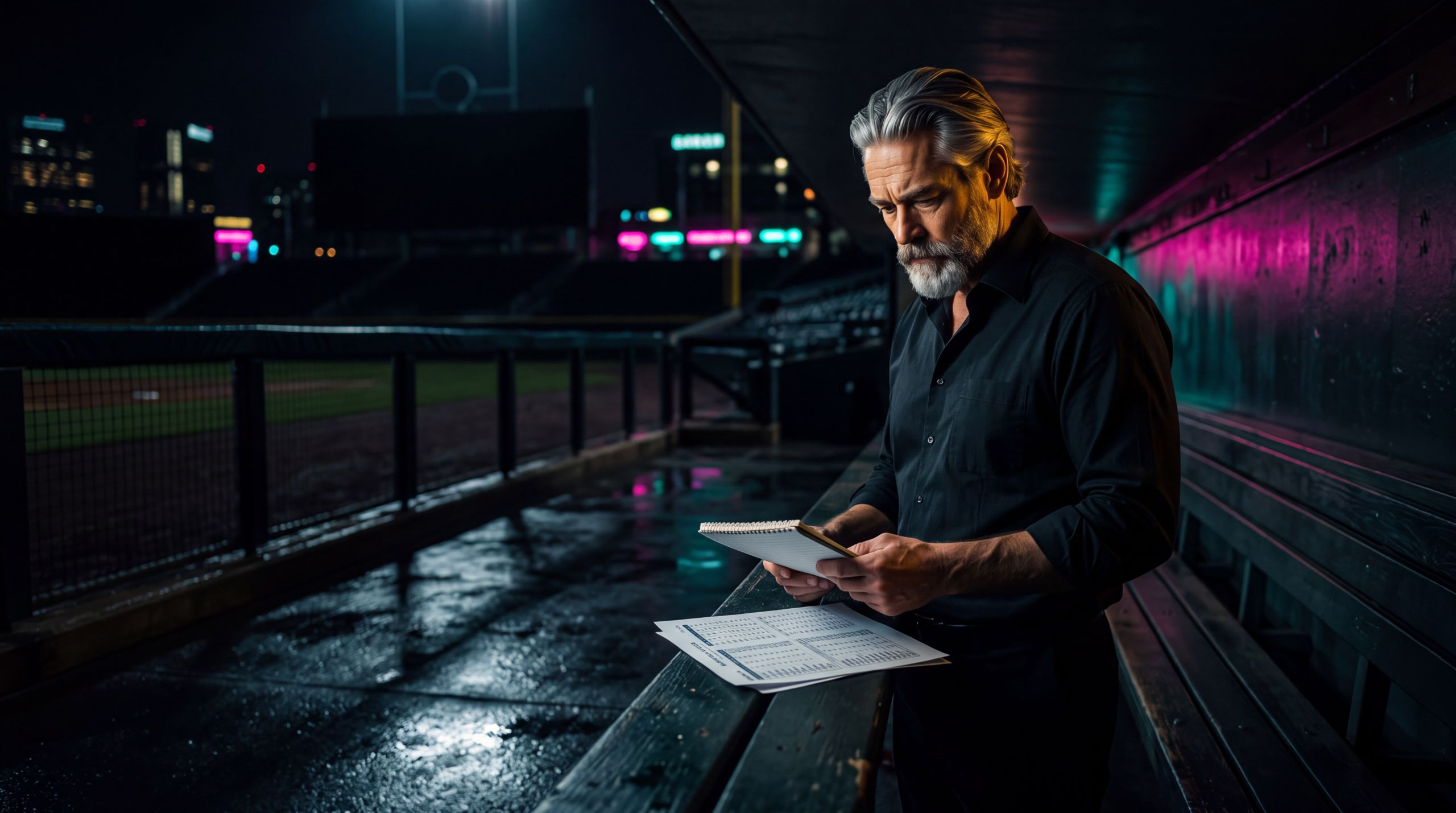 A man alone in a wet dugout after the lights have gone. Notebook and a split sheet on the bench. Head down, counting what the scouts would not. The field is empty on purpose. This is the essay’s analogy made visible: the cheap, public number was always available. Someone had to want it.
