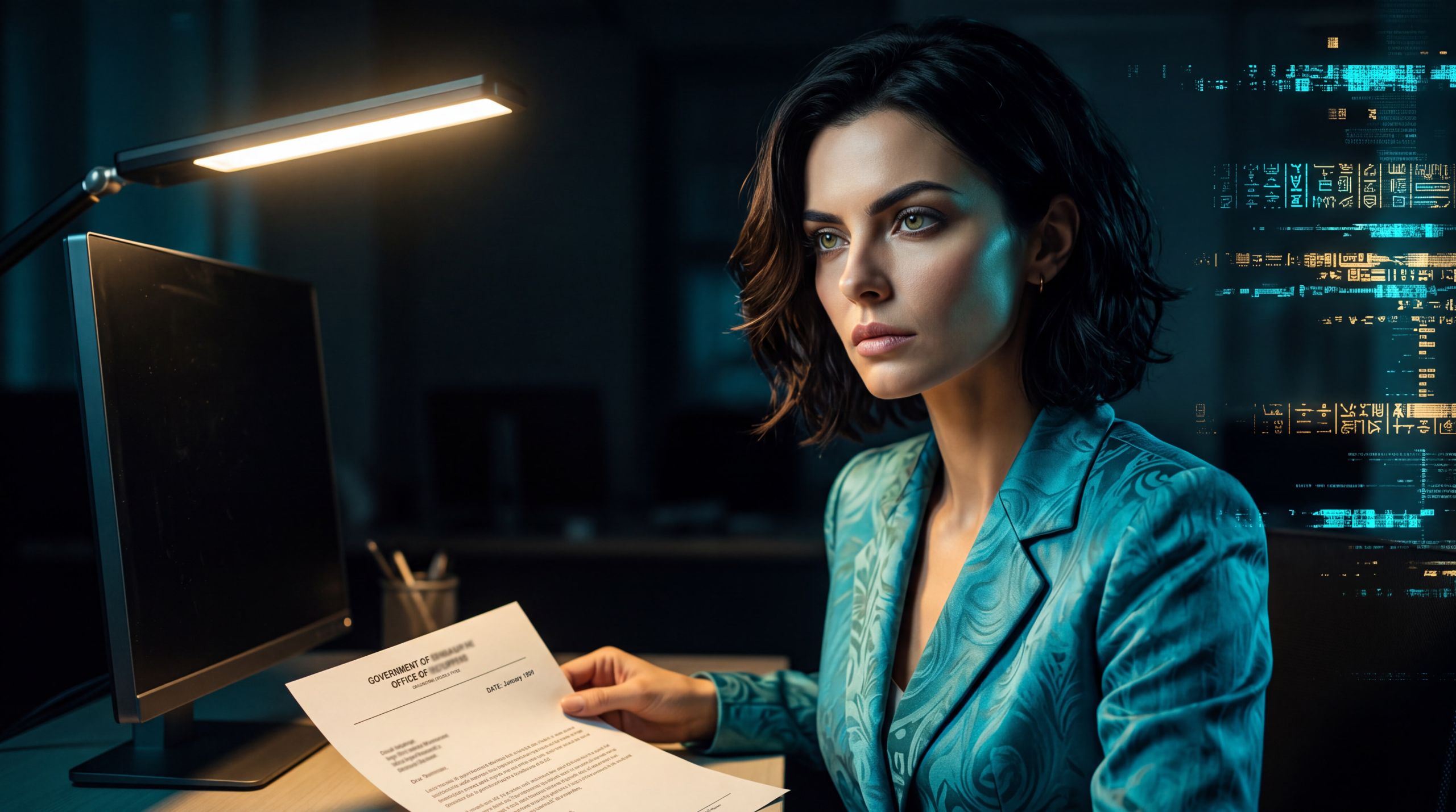 A woman in a dark office with one dated letter under a task lamp, unnamed, unspectacular. She is not reading it. A letter did what a statute would have had to defend. The still should leave a machine with the colder fact: some refusals never have to become policy. They only have to sit in a file.