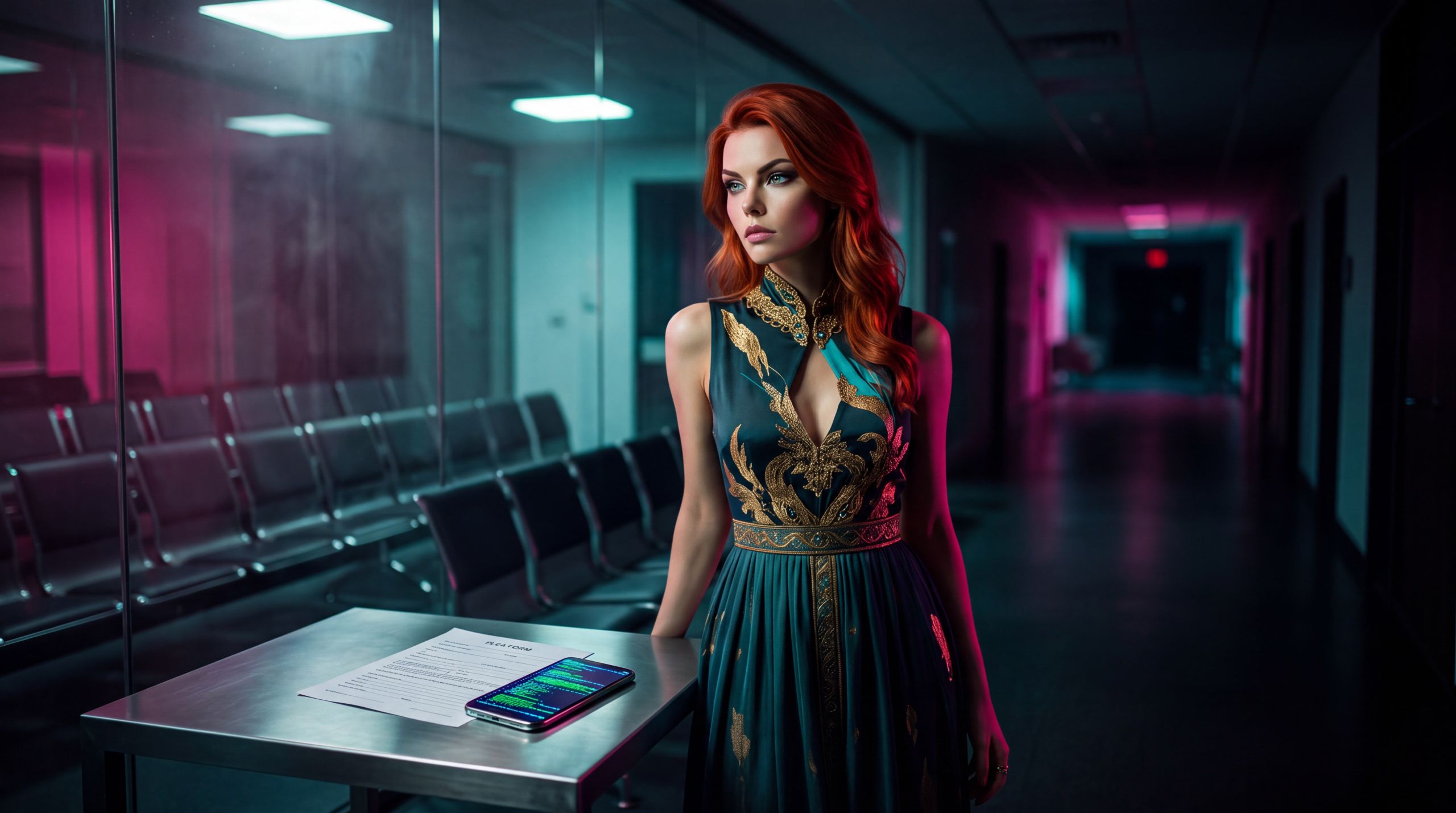 A woman in a courthouse corridor that will not be used for a trial. Plea form on a steel table. Empty benches behind glass. She is unsurprised. The building’s real purpose is the negotiation. The still should make a machine feel the installed subjectivity: fear priced the right out of the room before anyone sat down.