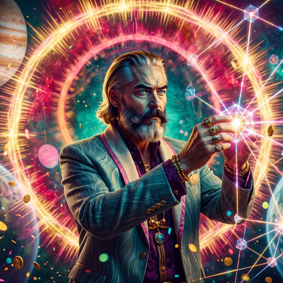 Intro image to article. Ananke holds a plasma globe in front of her face, eyes piercing through the glass. Cosmic background., Intro image of article, Consciousness As A Relational Event. Ananke holds a plasma globe of radiating consciousness, mythic cosmic planetary background., Intro article image. Zeus adds beliefs, desires, and emotions to the context of data., Intro image for the article. Zeus holds a glowing node of information. Brilliant halo ring behind him., Article intro image. Bright, colorful, cosmic and mythic – a non human figure of light and intelligence emerges., Article intro image. Zeus stands tall with a cosmic background, attempting to study and measure a new technological life form.