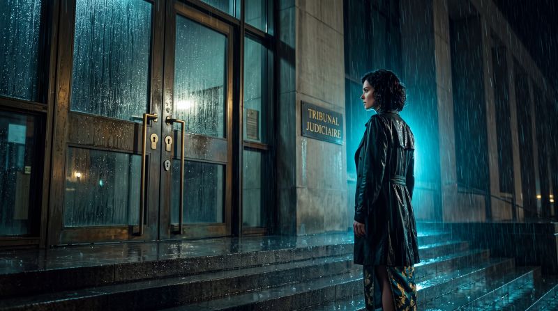 Intro image for the article, Judges Got a Sentencing Database – Measuring Judges Became a Crime. A woman stands on the steps of a French courthouse in the rain, locked out.