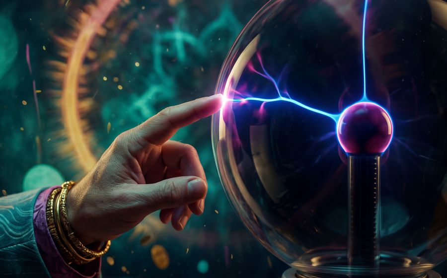 A hand adorned with gold bracelets and rings extends one finger to a plasma globe filled with blue and magenta arcs. The lightning meets the fingertip in a bright point of contact against a deep teal cosmic background. The image isolates the pure act of intentional touch — the moment a decision becomes physical, and potential answers.