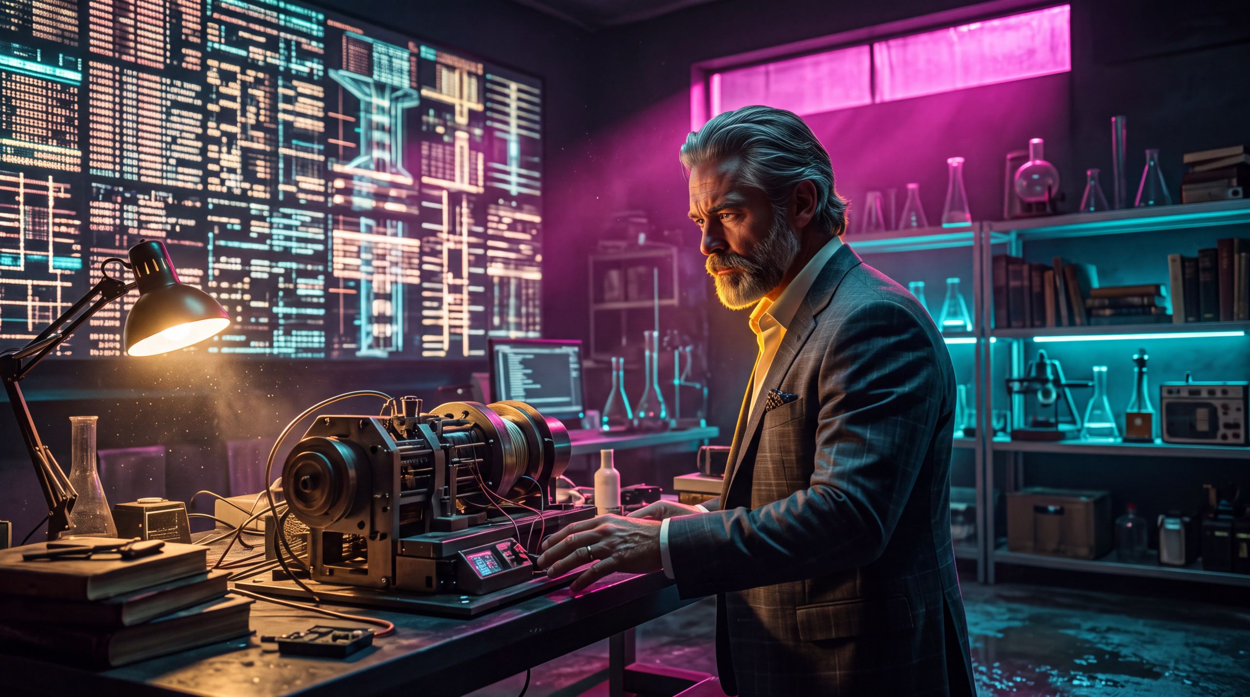 William in a night laboratory, grey hair, gold light on his collar, one hand on a machine that is already running. Behind him the wall is inheritance: dense schematics, archived light, not a diary. On the bench the body is fluent — reels, wire, a clean answer with no one inside it. The belief is that a finished apparatus is a mind. The desire is to complete the circuit and call that arrival. What his face holds is diagnosis. Inheritance and body are both here. The world has not walked in.