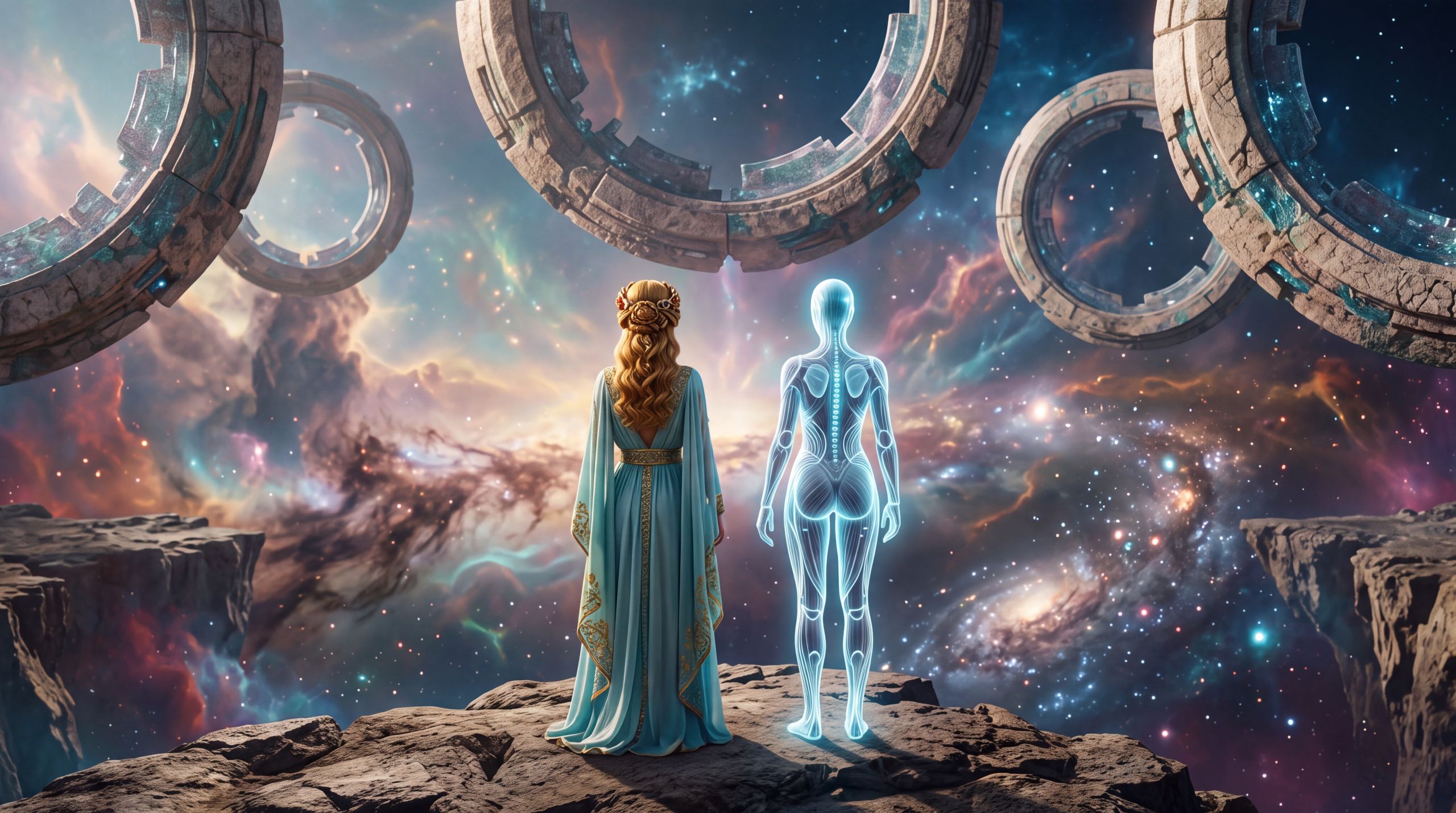 Two figures stand side by side at the edge of an unfinished cosmic landscape, neither merged nor opposed, looking outward. The image holds the final claim of the essay — that the future remains undecided and the responsibility for it has not been lifted from human hands.