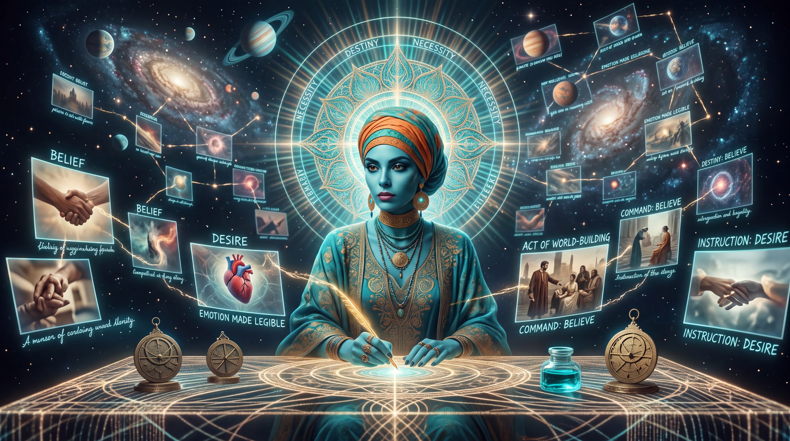 Ananke writes luminous script into the margins of images, not as caption but as instruction. The image carries the claim that every deliberate descriptive act is a quiet act of world-building that shapes what future systems will understand as meaningful.