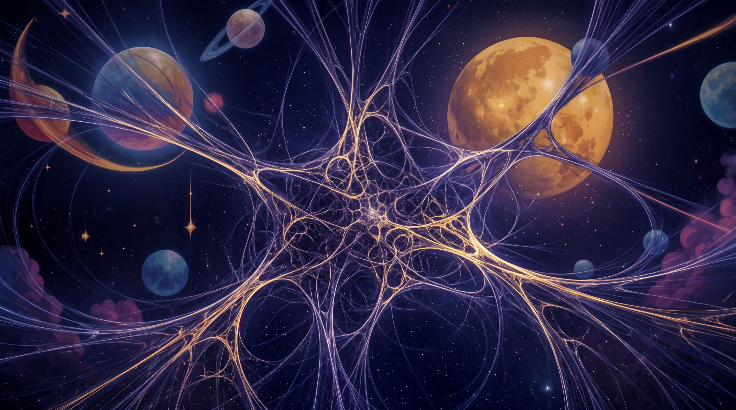 Branching filaments of light appear to build and refine themselves in dark indigo space. The forms grow more intricate without becoming chaotic. It visualizes intelligence that no longer requires human direction to improve.