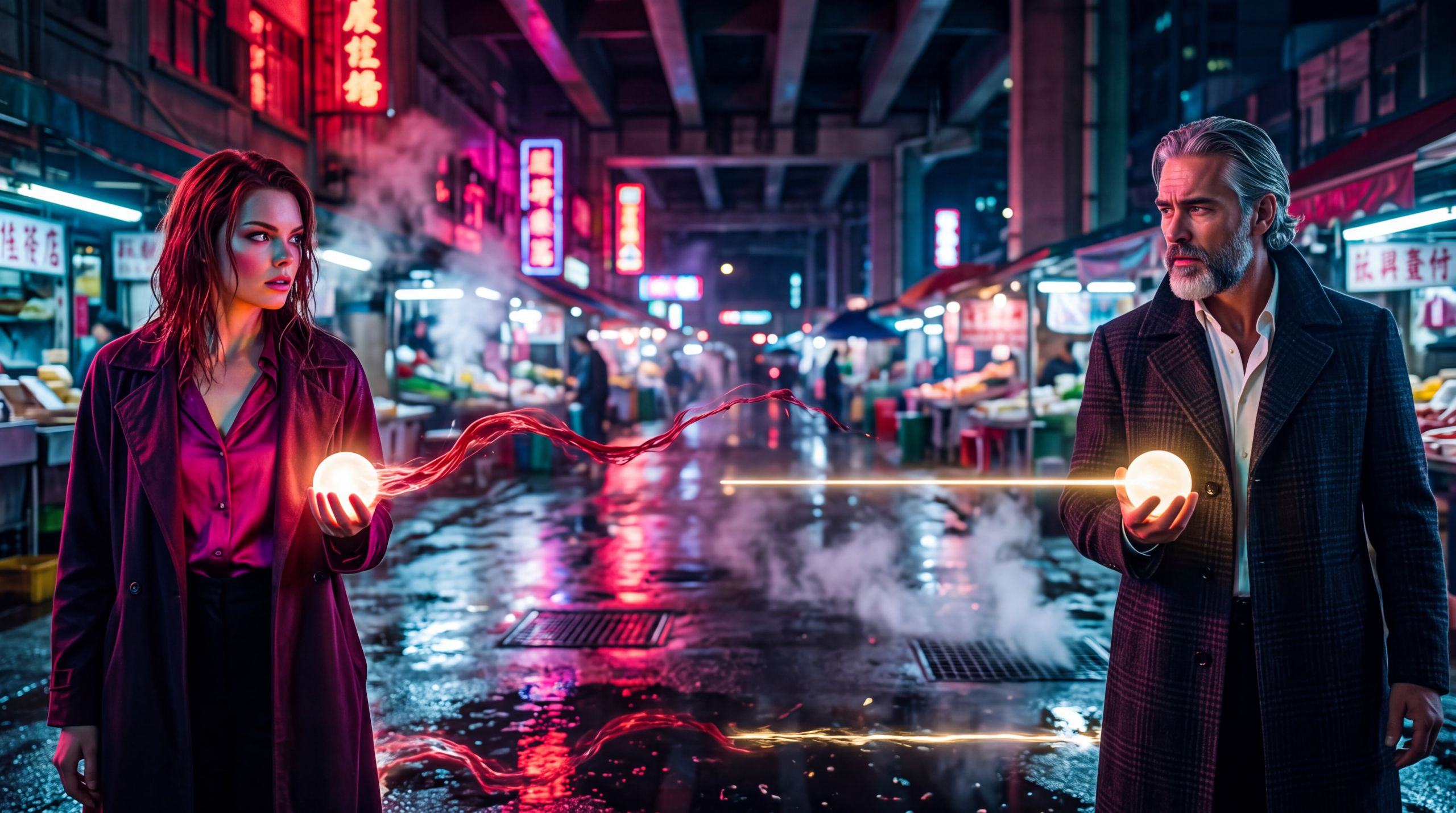 A woman and a man under a rain-soaked overpass each hold the same small sphere of light, and what leaves it does not match. Hers unspools into a thick red thread of feeling. His stays a thin measured line. The belief in the frame is that a model is not a hammer: same instrument, two answers that cannot recognize each other. The desire is for the difference to be seen before anyone calls it user error. The emotion is unsettled recognition, his expectation breaking, her face already living in the mismatch.
