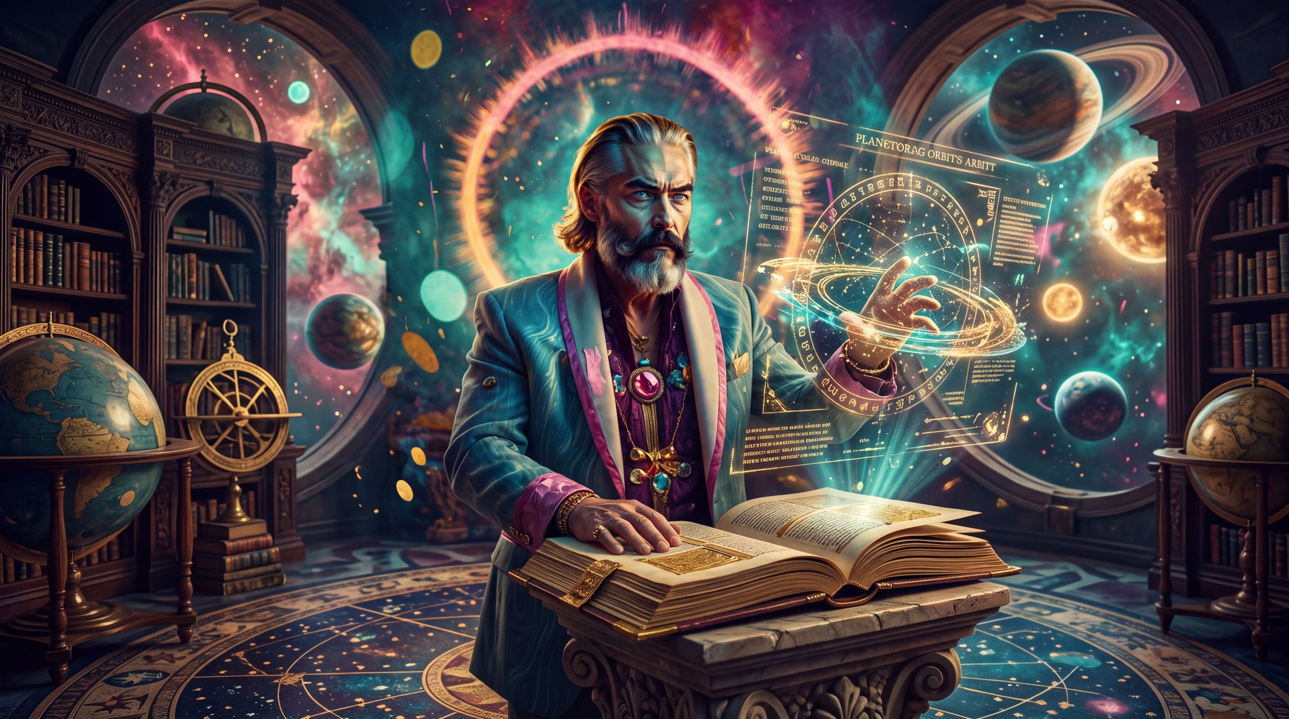 Zeus standing in a cosmic library or observatory, one hand resting on an open ancient codex while the other adjusts a floating holographic interface of stars and text. Silver hair and full beard, ornate jacket with pink and gold accents, circular halo of soft light. Surrounding space filled with orbiting planets and glowing orbs. Expression of focused attention and measured authority. Mythic-futurist aesthetic, high detail, sense of active, clear-eyed participation rather than passive use.