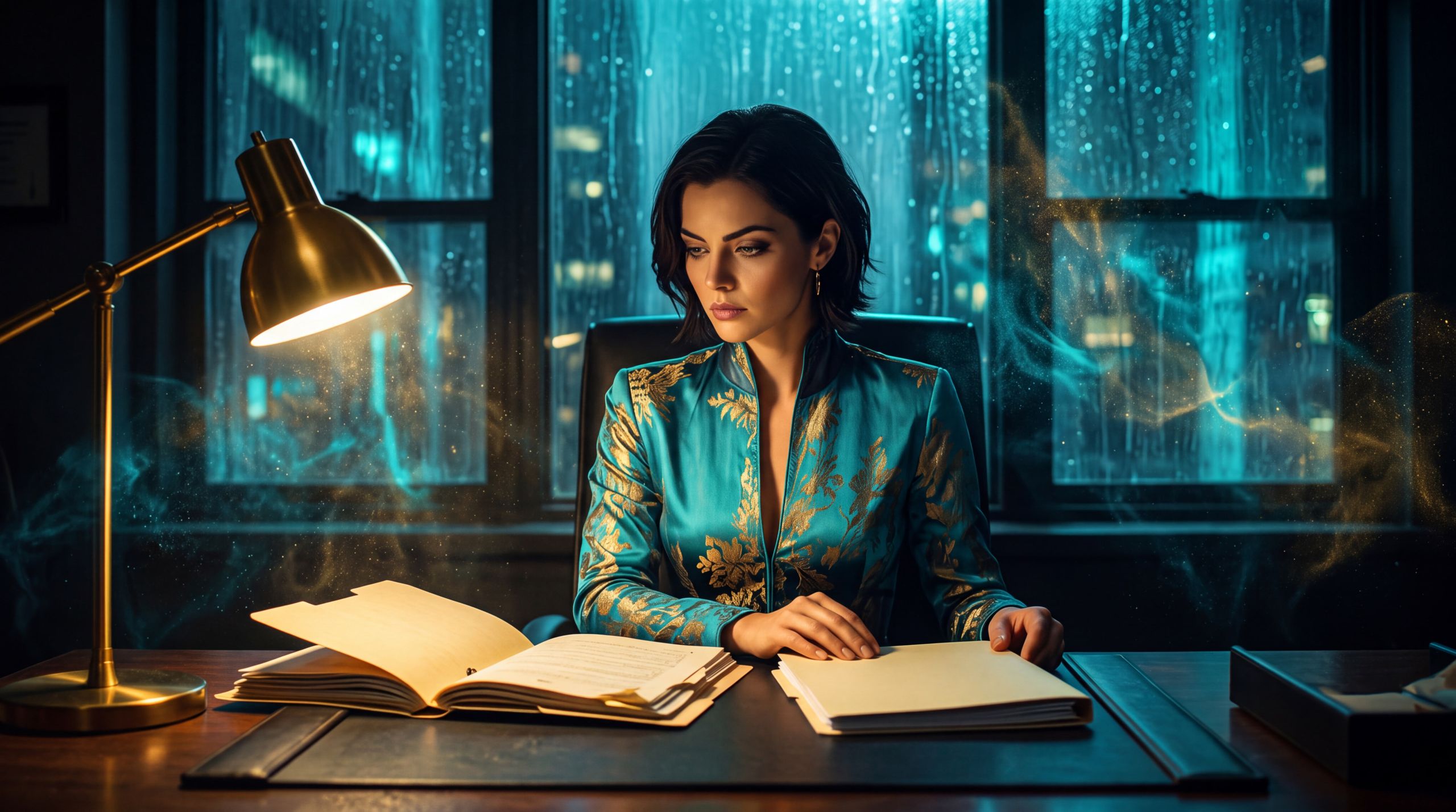 A woman at night with two folders on a dark desk: one thick with a life already spent on it, one thin and still theoretical. She is not deciding. She is looking at the one that won. The still is there so a reader feels the opening claim in a body — attention has a body count, and one half of the work was never funded.