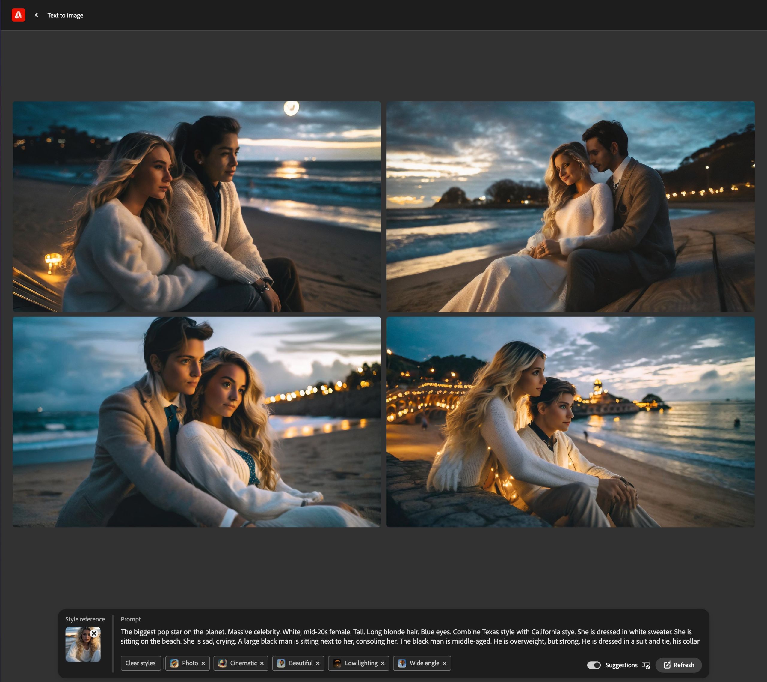 AI defaults to romantic relationships when placing a man and a woman together on a beach.