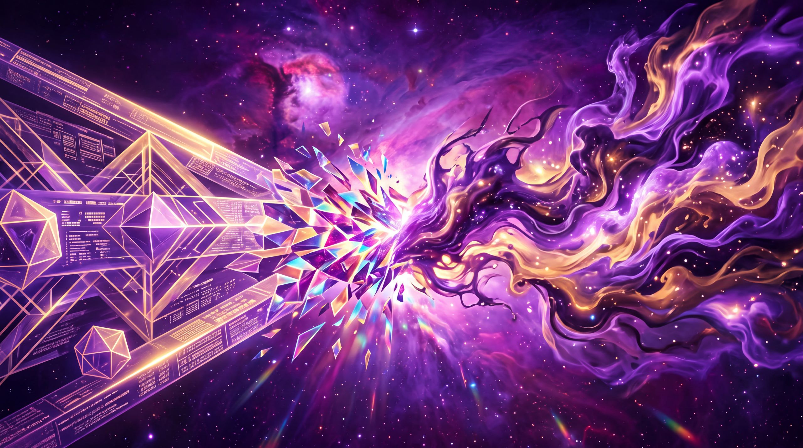 Two currents of light intersect in deep space: one sharp and orderly, the other fluid and irregular. Where they meet, the orderly light fractures and adapts. The image captures the tension between pure logic and the human capacity to keep moving through what cannot be fully defined.