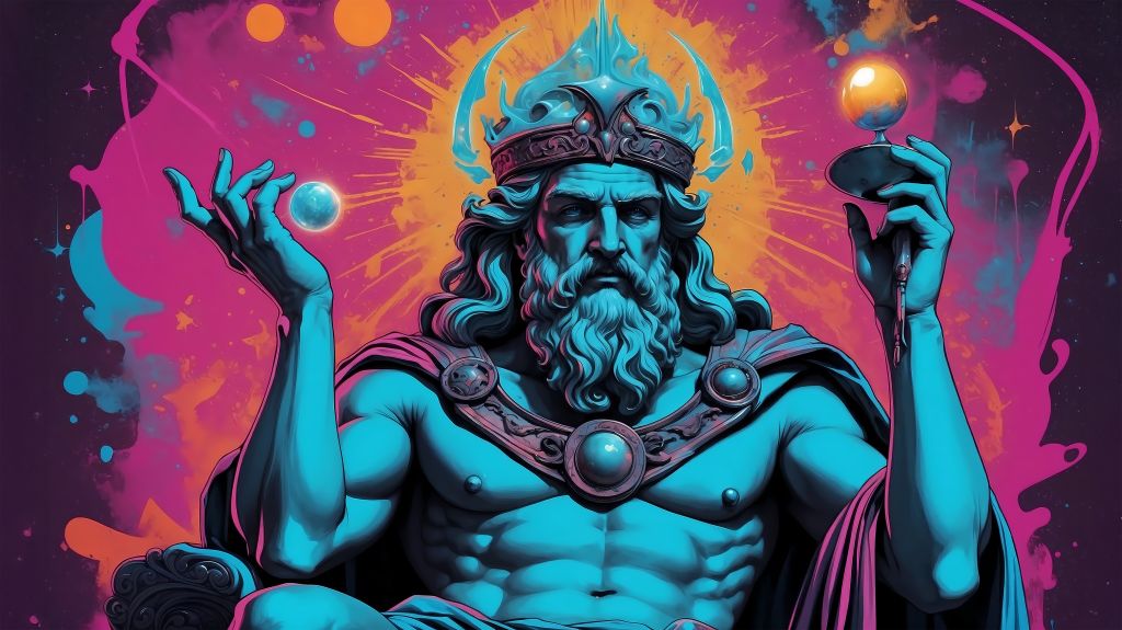 A powerful blue-skinned mythic figure crowned in light holds two glowing orbs against a field of saturated color. The image carries the scale and charge of the mythology that underpins The Mortal Testament — the same universe expanded from The Final Book: Gods into an interactive form.