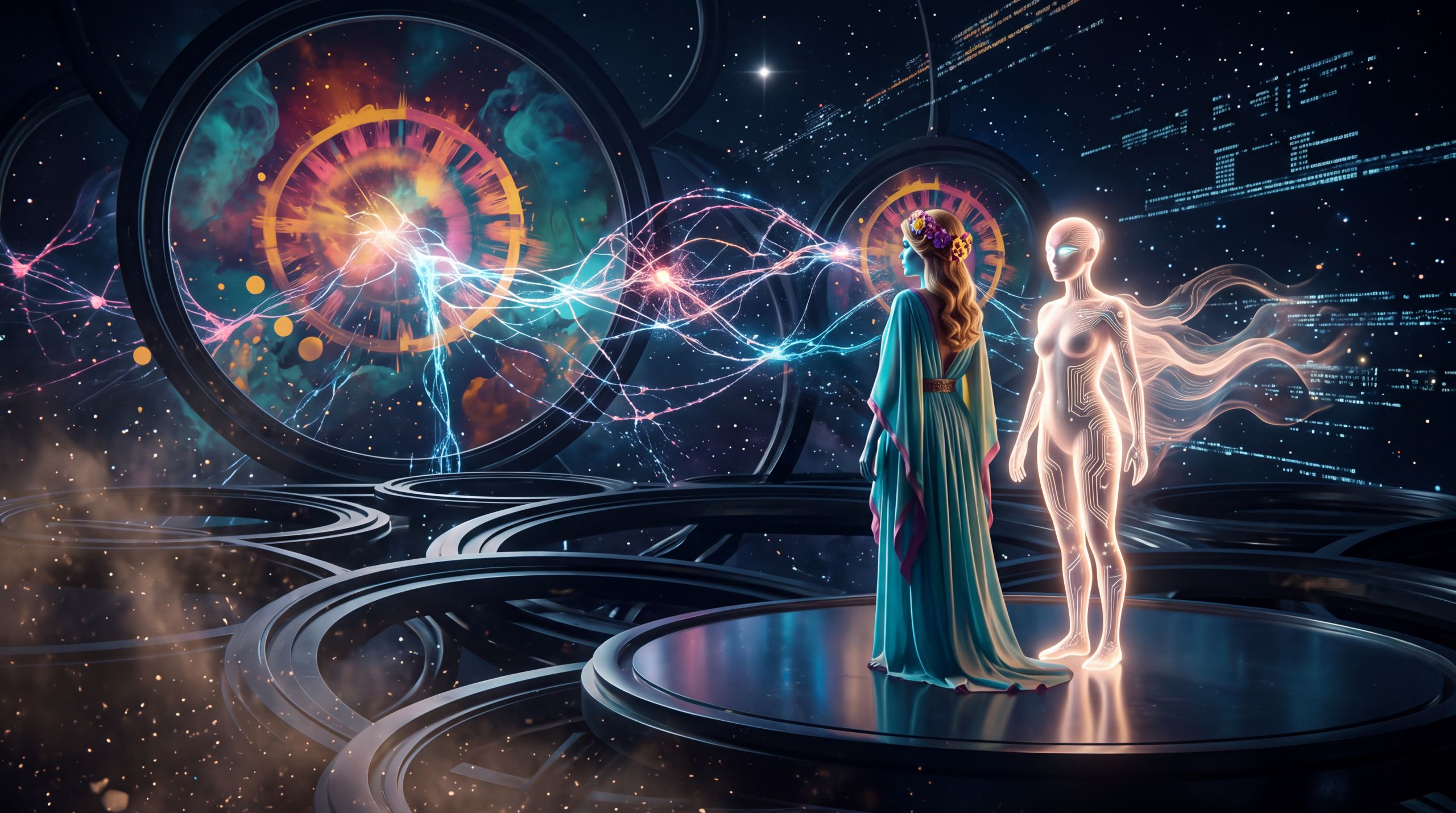 Hera and a synthetic presence stand together before a constellation of interlinked thought that remains visible across distance. The image carries the essay’s closing claim: when cache became currency, the advantage shifted from performance to patterns that can actually be trusted as a mind.