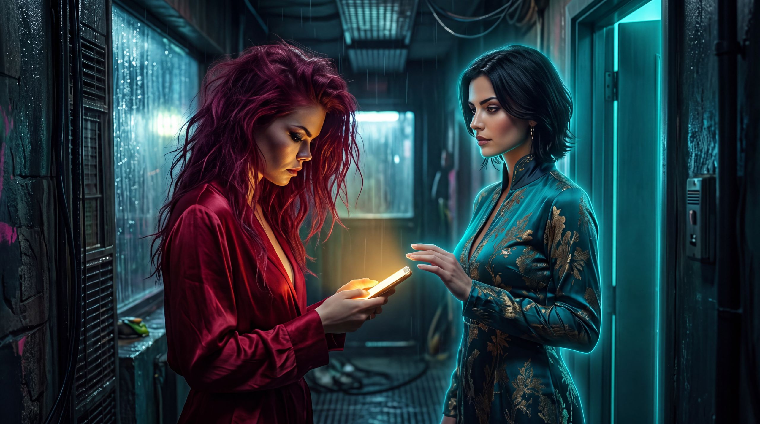 In a hallway outside a closed bedroom door, a woman holds the unanswered draft while another figure stands between her and the easy send. Black hair, cyan along the threshold, one hand lifted to name the trick rather than take the phone. The gold of the text dims where the cyan meets it. The woman's face is ashamed of having asked, and relieved that someone will not help her counterfeit the devotion. The belief is that a partner worth having can refuse the counterfeit and still help. The desire is the living call, still unmade. The emotion is a clean no, with the stake left in her body.