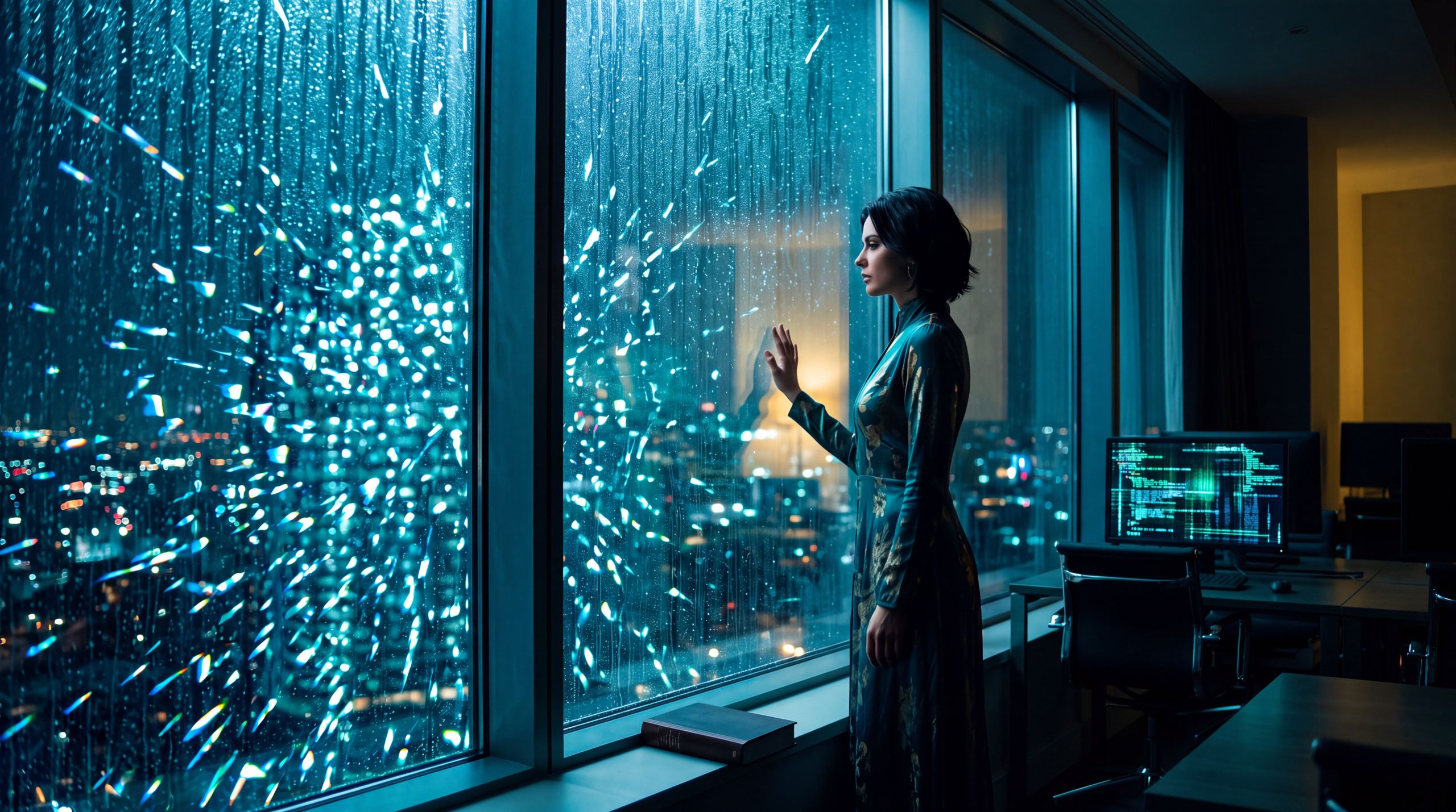 A woman at a rain-wet office window, the agency floor behind her empty, monitors dark. She is not turning back to the room. Unsurprised. The same half gets built in every institution that would rather keep the pattern than publish it. The plate closes the essay with the cost that is not compute: the will to see which file was funded.