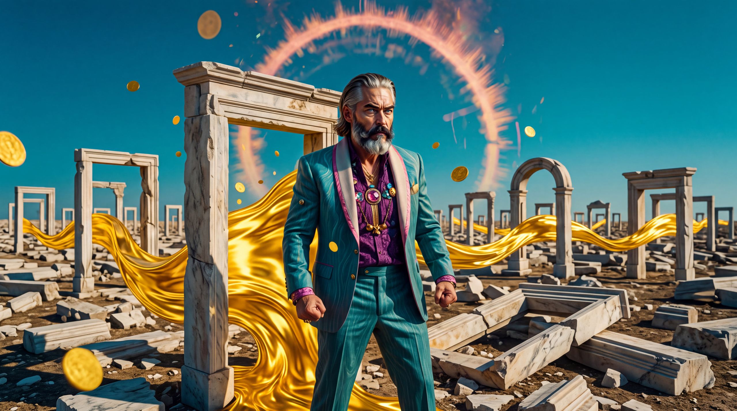 A grey-bearded man in a teal suit stands in a desert of broken marble doorways. A river of gold pours through every threshold without touching the stone. Coins hang in the air. His fists are closed on weather that has nowhere to land. The picture is the atrophying muscle: force with nothing that will refuse it. The ruins are what thresholds look like when nothing has to earn the crossing.