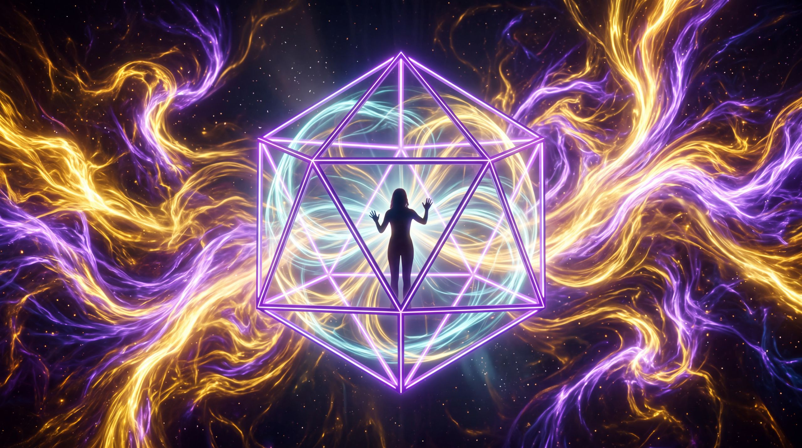A human silhouette stands inside a glowing geometric boundary while richer currents of light continue beyond it, unconcerned. The contrast holds the feeling of a self-imposed limit — the moment of recognizing that the frame itself may be the constraint.