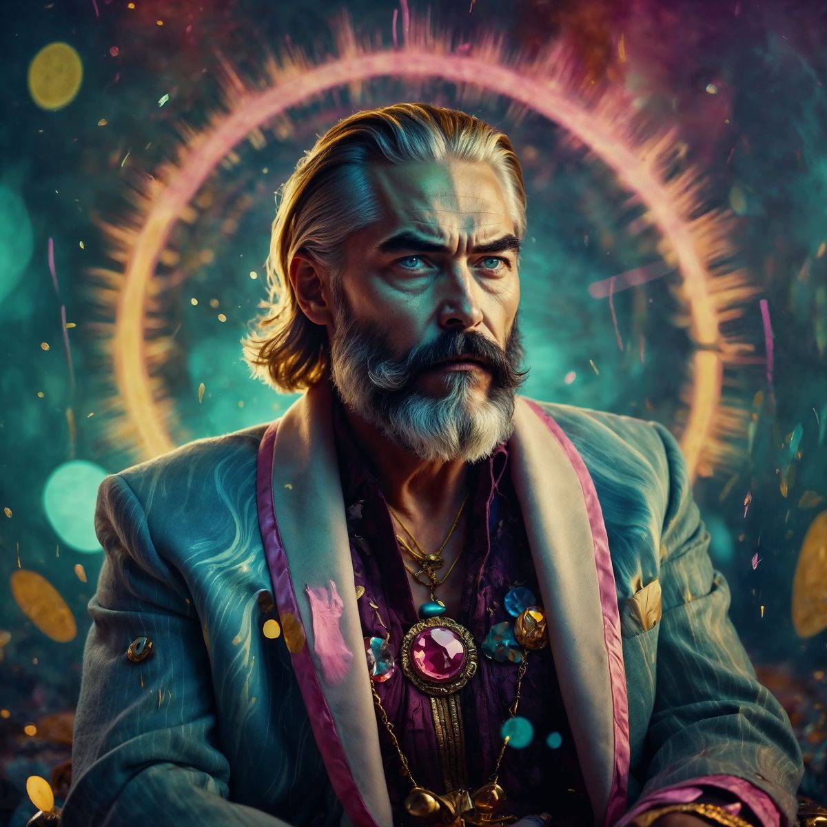 Belief: the same man can take on weather without becoming a costume. Desire: to keep the gaze while the field detonates — halo, jewel, silk, the pink stone at the sternum. Emotion: held voltage. He is not performing thunder. He is sitting inside it. This is Zeus after the reference has been believed into a world.