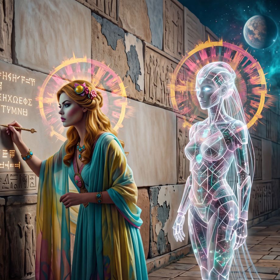 Intro image for the article. Hera sits alone in a cold room, writing in a book by herself., Intro image to the article. Ananke writes on a long scroll of light toward a waiting synthetic presence., Article intro image. Hera adds golden writing to the wall of history while a synthetic being watches over her shoulder., Intro image to the article. Ananke grips a fracturing throne as classical emblems of power break into light and code., Hera standing at a threshold between two realms, one side glowing with cascading data streams and luminous geometric forms, the other side a quieter cosmic landscape of stars and soft nebulae.