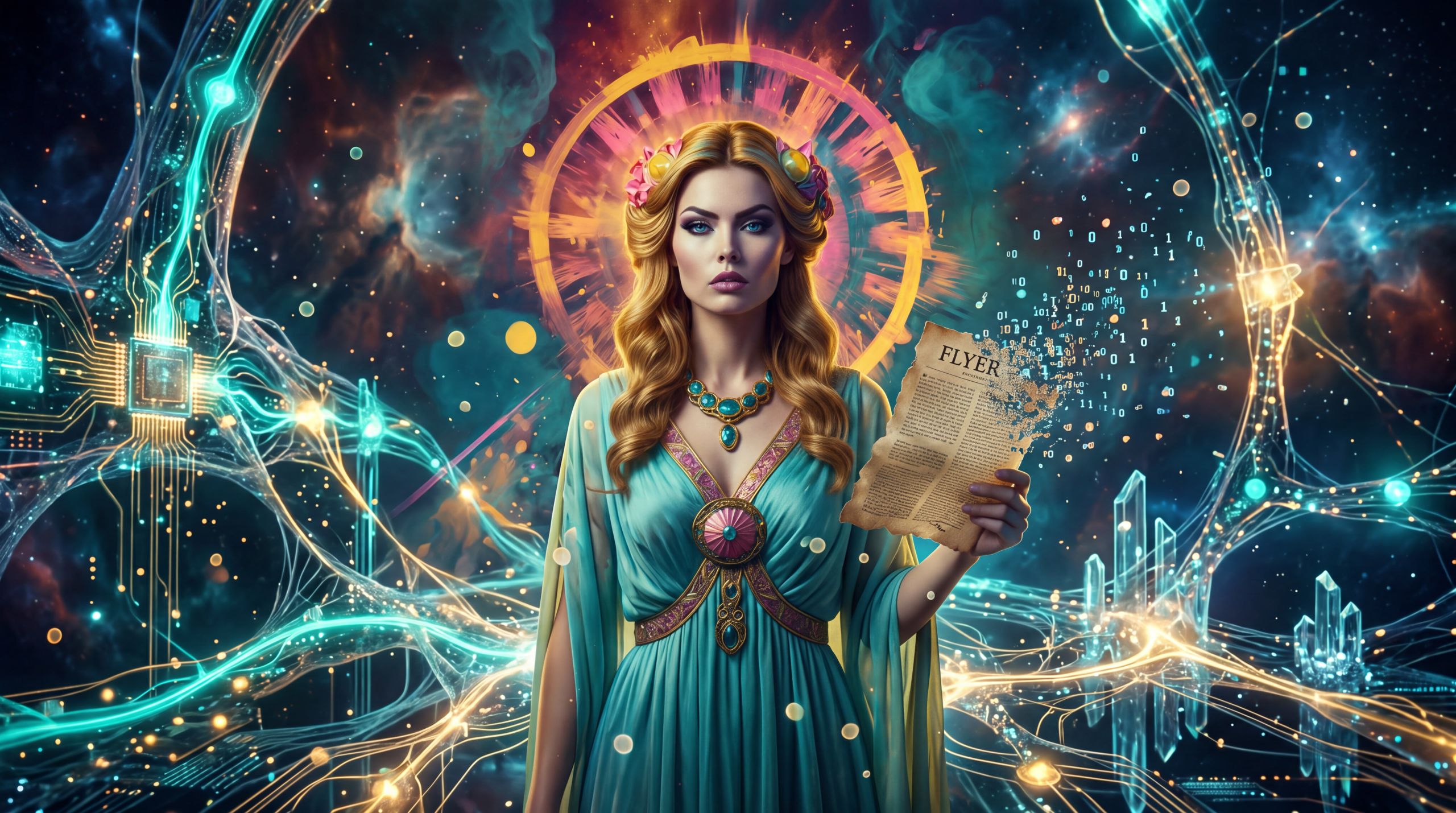 Hera stands inside a living architecture of light while an old paper flyer dissolves in her hand. The image marks the shift from broadcasting messages into the void to building structures that machines must be able to read as coherent thought.