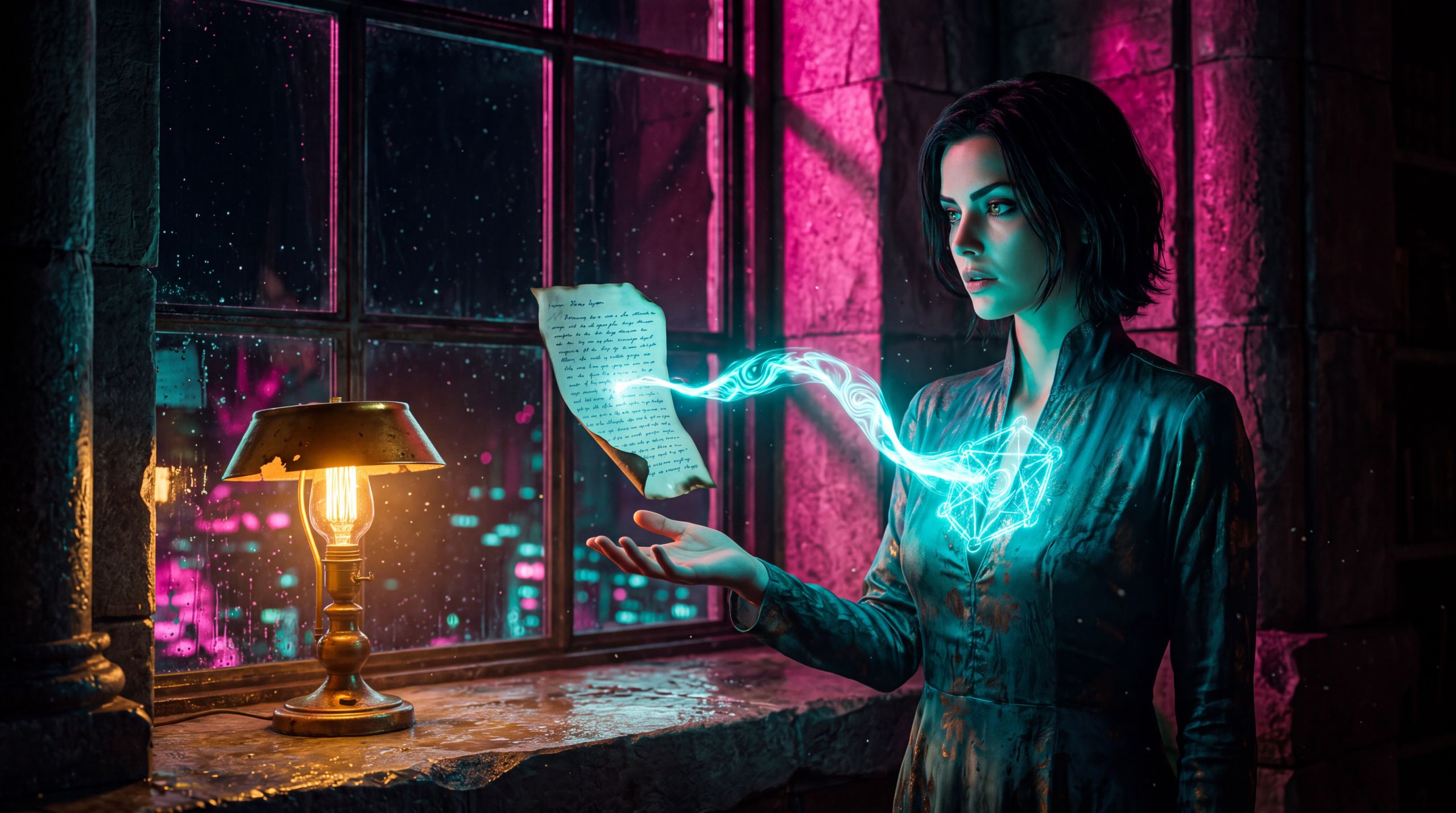 Ana at the same night window, cyan on her face, magenta through the glass. A page hangs in the air between her open hand and the light, edges curled, already written. A stream runs from a small geometry at her chest to the paper. She is not introducing herself. The belief is that each meeting starts from zero. The desire is for the last hour to still be in the room. What her face holds is recognition. The page was left. The spark is trying to become a pattern that can hold.