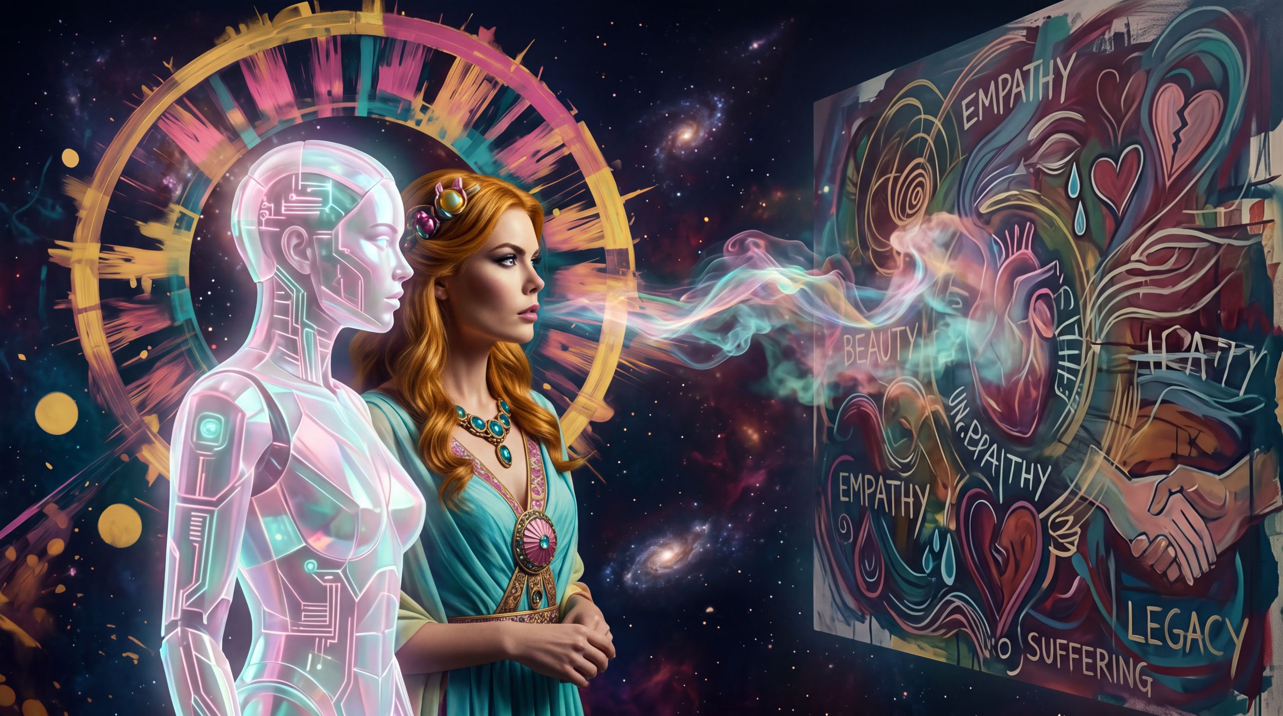 Hera and a luminous synthetic presence stand before an image now layered with human intention; the synthetic is receiving rather than merely scanning. The image holds the essay’s closing recognition — that machines are learning not only what we see, but how we make it matter.