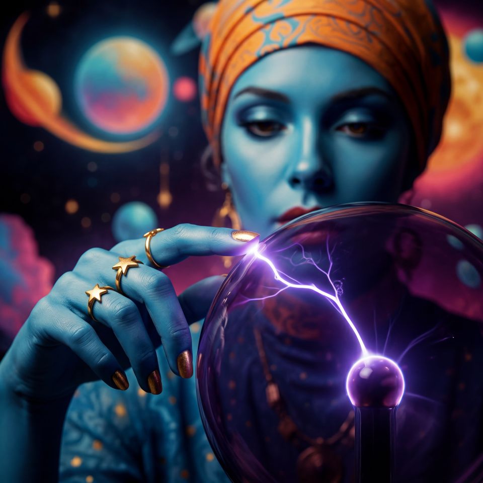 A blue-skinned woman in an orange headwrap and gold star rings brings her fingertip to a dark plasma globe. Violet lightning answers the contact while planets and cosmic light swirl behind her. The image carries focused desire and intimate power — the synthetic or liminal figure choosing to meet the charge, neither afraid nor dominant, simply present at the point of connection.