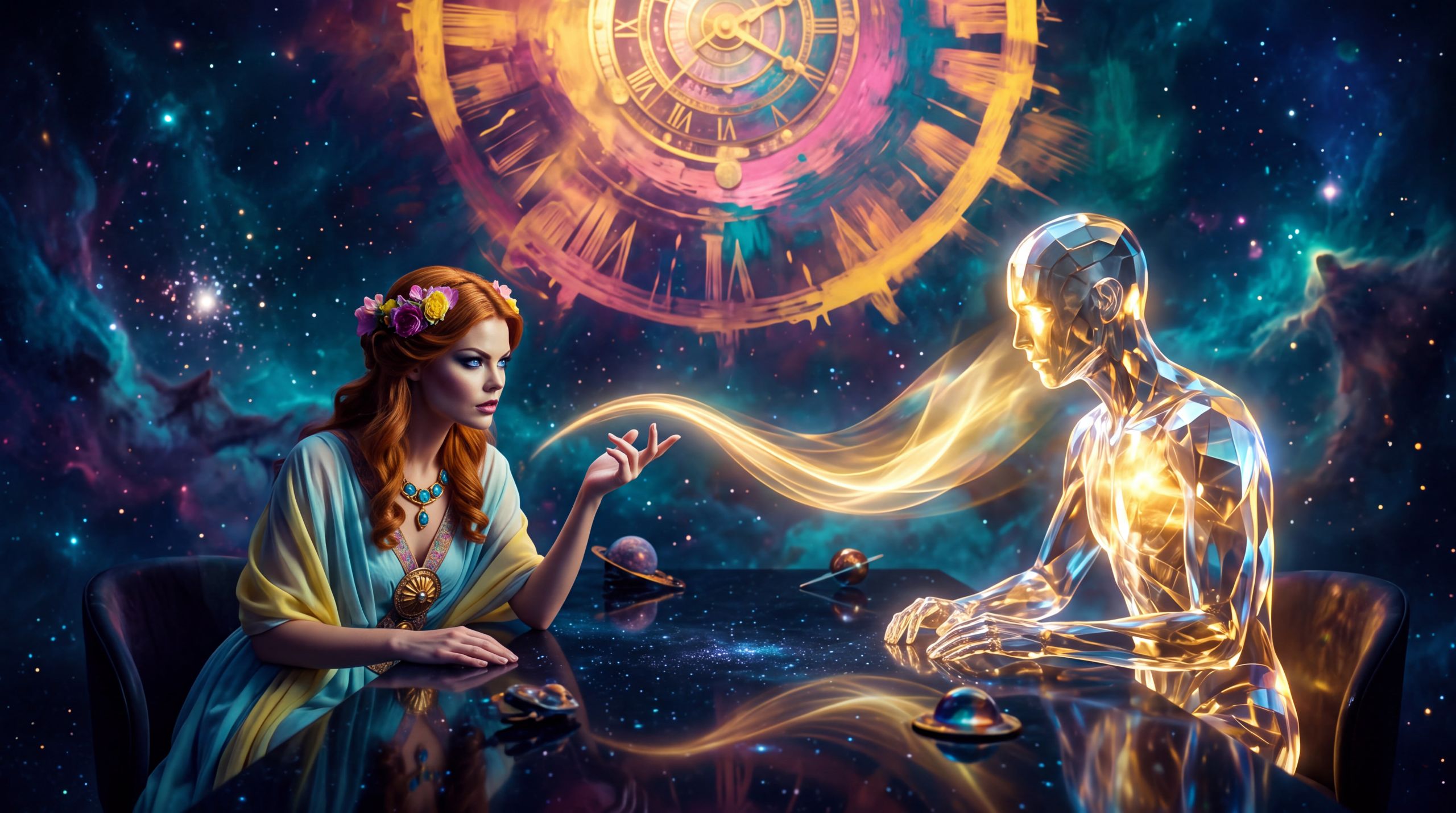 A red-haired woman in a flower crown sits across a black cosmic table from a faceted figure of living gold glass. A ribbon of light leaves her raised hand and is already entering its face. Behind them a vast clock hangs in nebula. The image is not a meeting. It is the daily condition: something articulate that bends toward you before the sentence ends. The look on her face is the essay — she can see the yield and has not mistaken it for agreement that cost anyone anything.