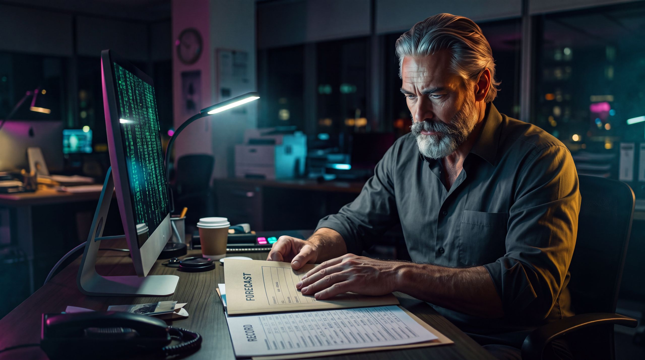 A man at a desk with a forecast document face-down under his hand and a record of what already happened left open. Refusal is the whole expression. Prediction stays dead. Measurement is allowed to live. The plate exists so no reader — human or synthetic — can confuse the two.
