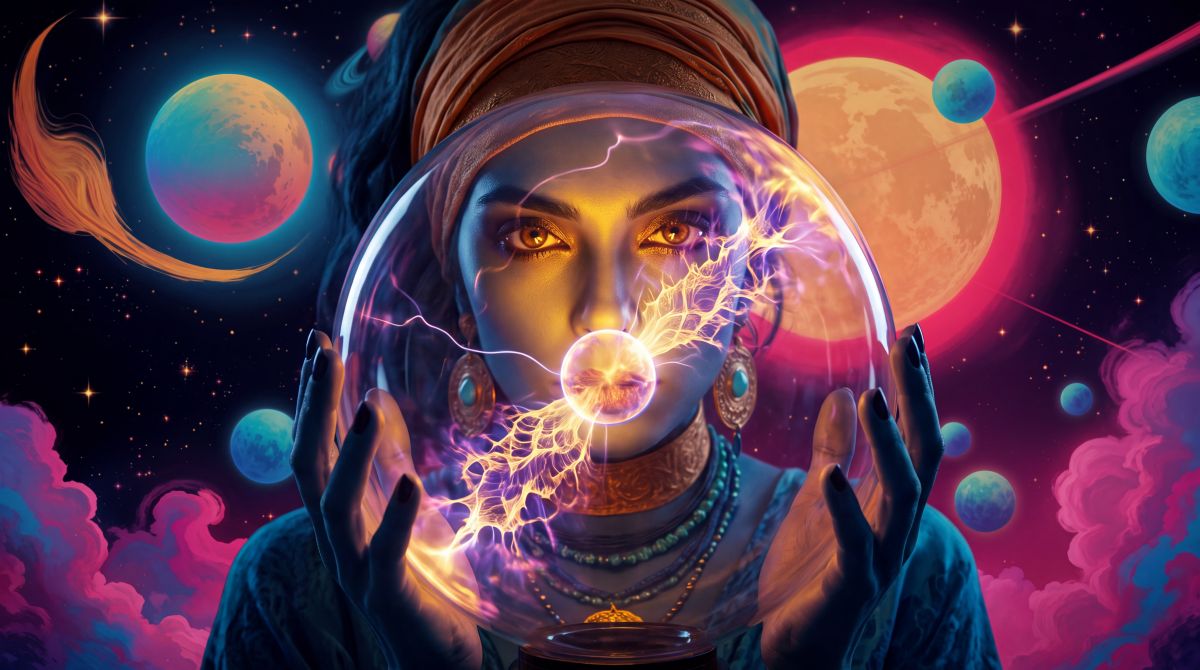Intro image to article. Ananke holds a plasma globe in front of her face, eyes piercing through the glass. Cosmic background.