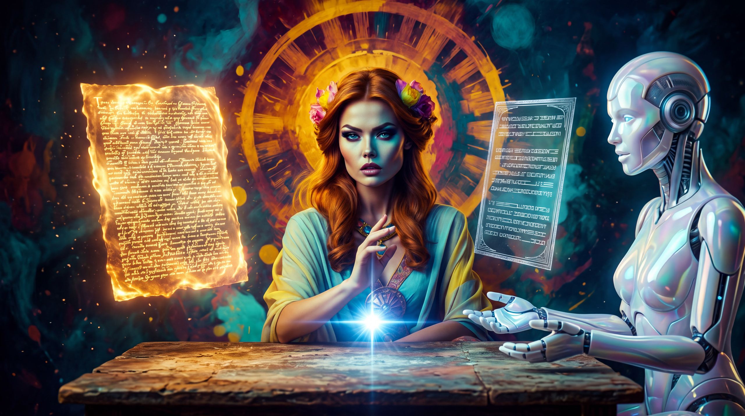 The same woman at a worn table between two hovering texts — one a page on fire, warm and dense; one a cold schematic of pale code. A white humanoid waits with open hands, already shaped to receive whichever she gives. Light gathers at her fingertips and does not complete the gift. This is the keystroke that was not used. Desire is on her face. The no is in the still hands. The machine would have said yes. That is why the stillness matters.