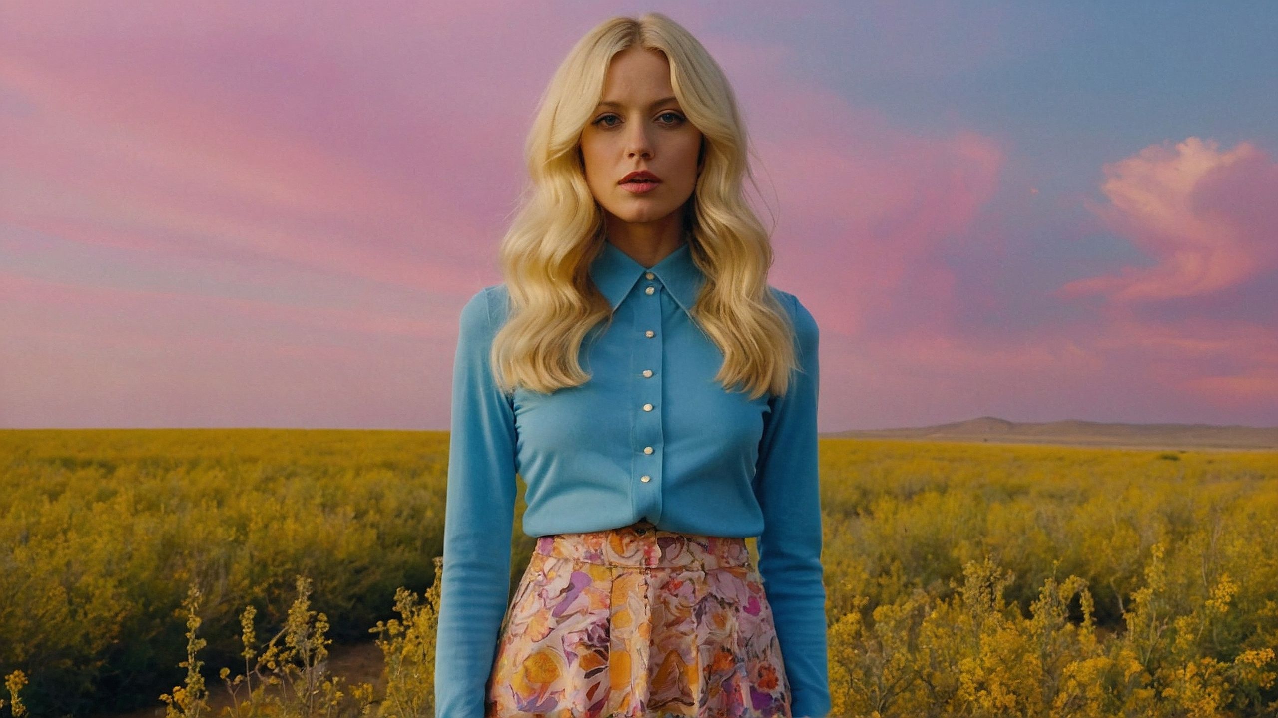 Stevie Pearl wearing a cyan top with a pink dress. She's standing in a field with pink and blue sky behind her.