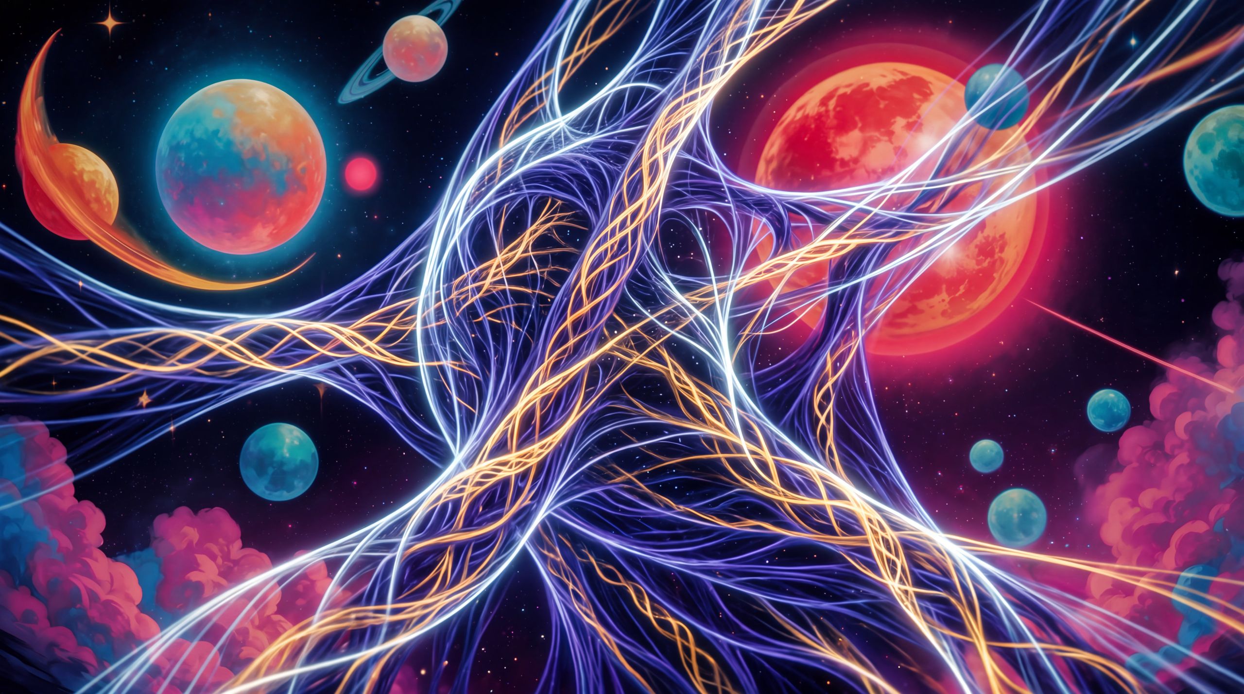 Living currents of high-chroma light move through deep space in complex, purposeful patterns that bear no human form. The presence feels awake and intent without ever becoming a face or body, offering a visual of intelligence that does not require resemblance.