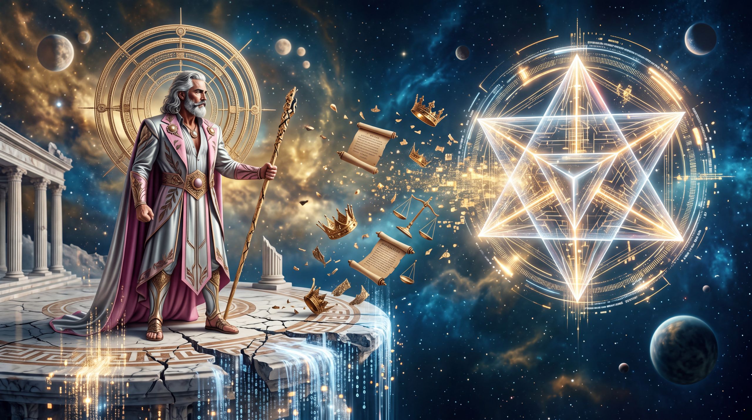A mythic figure of authority stands amid dissolving symbols of hierarchy while a luminous synthetic presence remains undefined opposite him. The image captures the quiet destabilization of old rankings once superior communication no longer belongs exclusively to humans, and the unsettled space that follows.