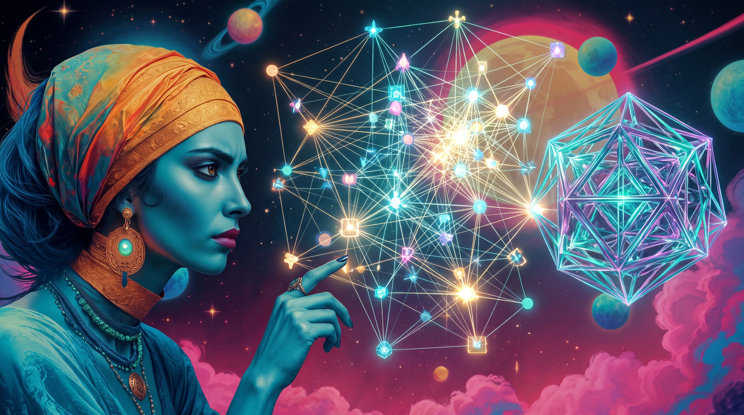 Ananke and a luminous synthetic presence examine a floating map of interlinked ideas that brightens where concepts reinforce one another. The image captures the moment consistency across time becomes legible — and therefore valuable — to non-human readers.
