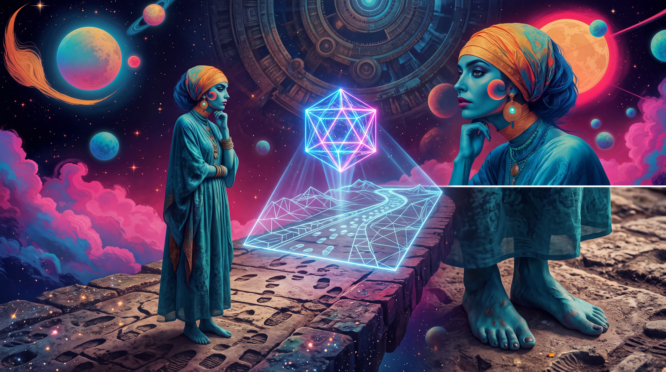 Ananke stands on a worn cosmic path while a synthetic form studies the perfect map of the same terrain from above. The image captures the difference between lived continuity and pure reflection — the bodily memory that still belongs to us.