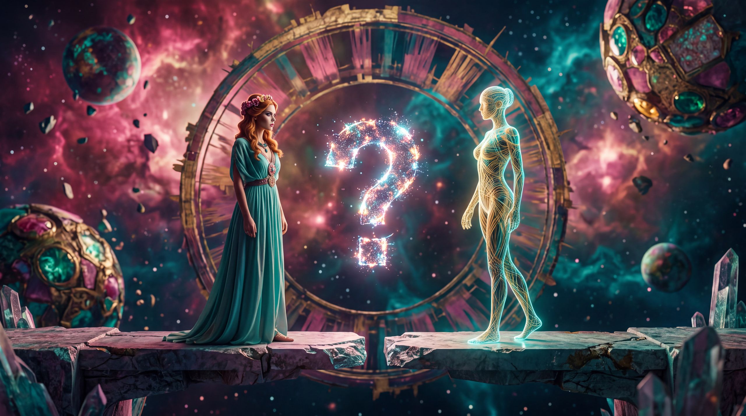 Hera and a luminous synthetic form face each other across a narrow cosmic threshold. The distance between them holds the essay’s central claim: the will to reshape human life after the old hierarchies fall cannot be delegated to machines, no matter how capable.