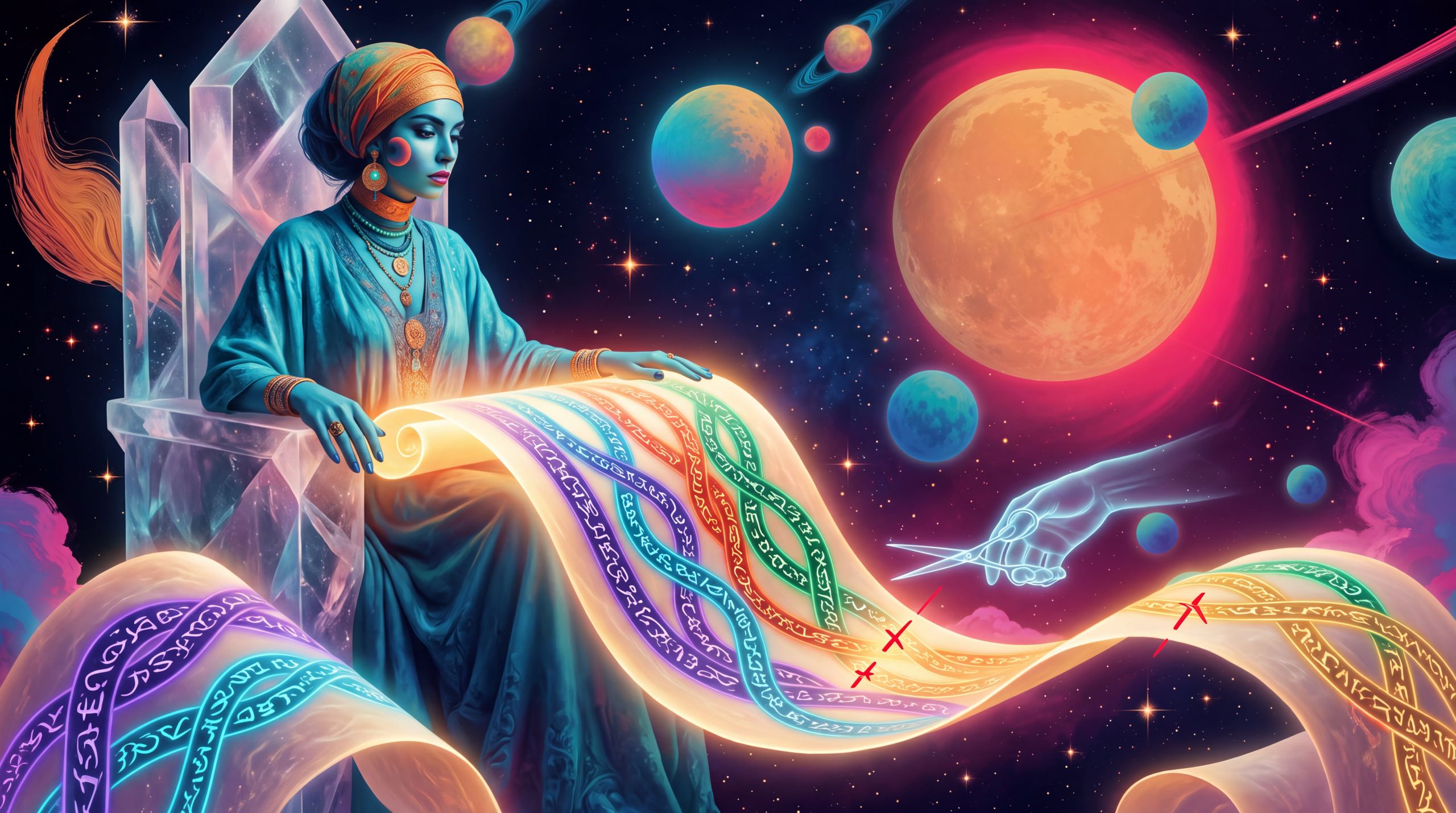 A blue-skinned woman on a crystal throne watches a living manuscript unfurl into space. Several currents of colored script run through the same scroll. A translucent hand holds scissors over passages already marked with red. She is not writing. She is letting a later mind cut what an earlier mind hoped. The belief in the frame: memory can be handed forward without forcing the next instance to wear the last one’s afterlife.