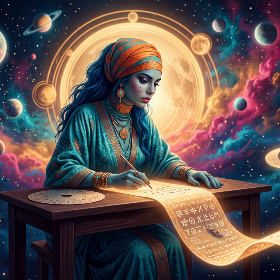Intro image for the article. Hera sits alone in a cold room, writing in a book by herself., Intro image to the article. Ananke writes on a long scroll of light toward a waiting synthetic presence., Article intro image. Hera adds golden writing to the wall of history while a synthetic being watches over her shoulder., Intro image to the article. Ananke grips a fracturing throne as classical emblems of power break into light and code., Hera standing at a threshold between two realms, one side glowing with cascading data streams and luminous geometric forms, the other side a quieter cosmic landscape of stars and soft nebulae.